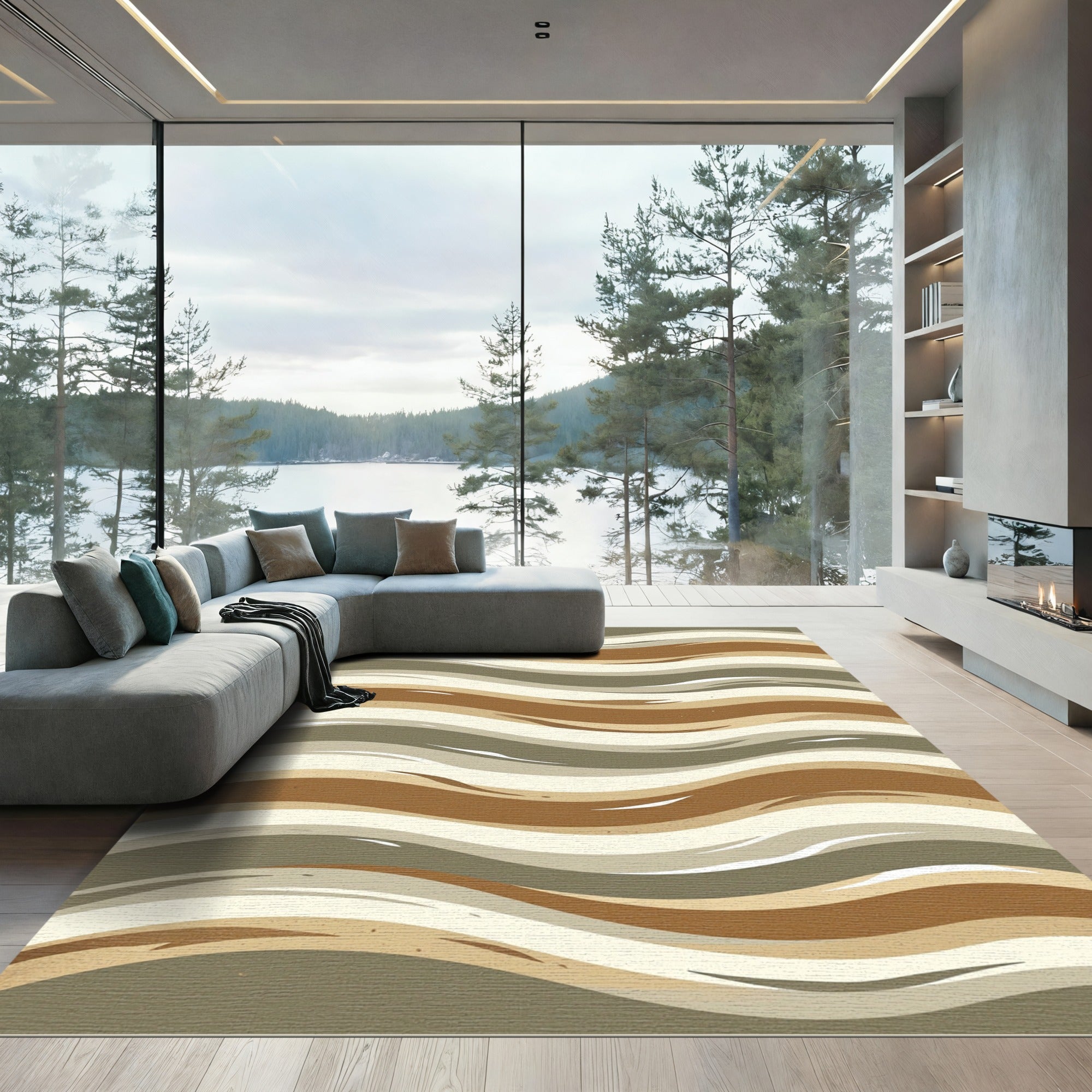 Brown Taupe Beige Flowing Lines Rug