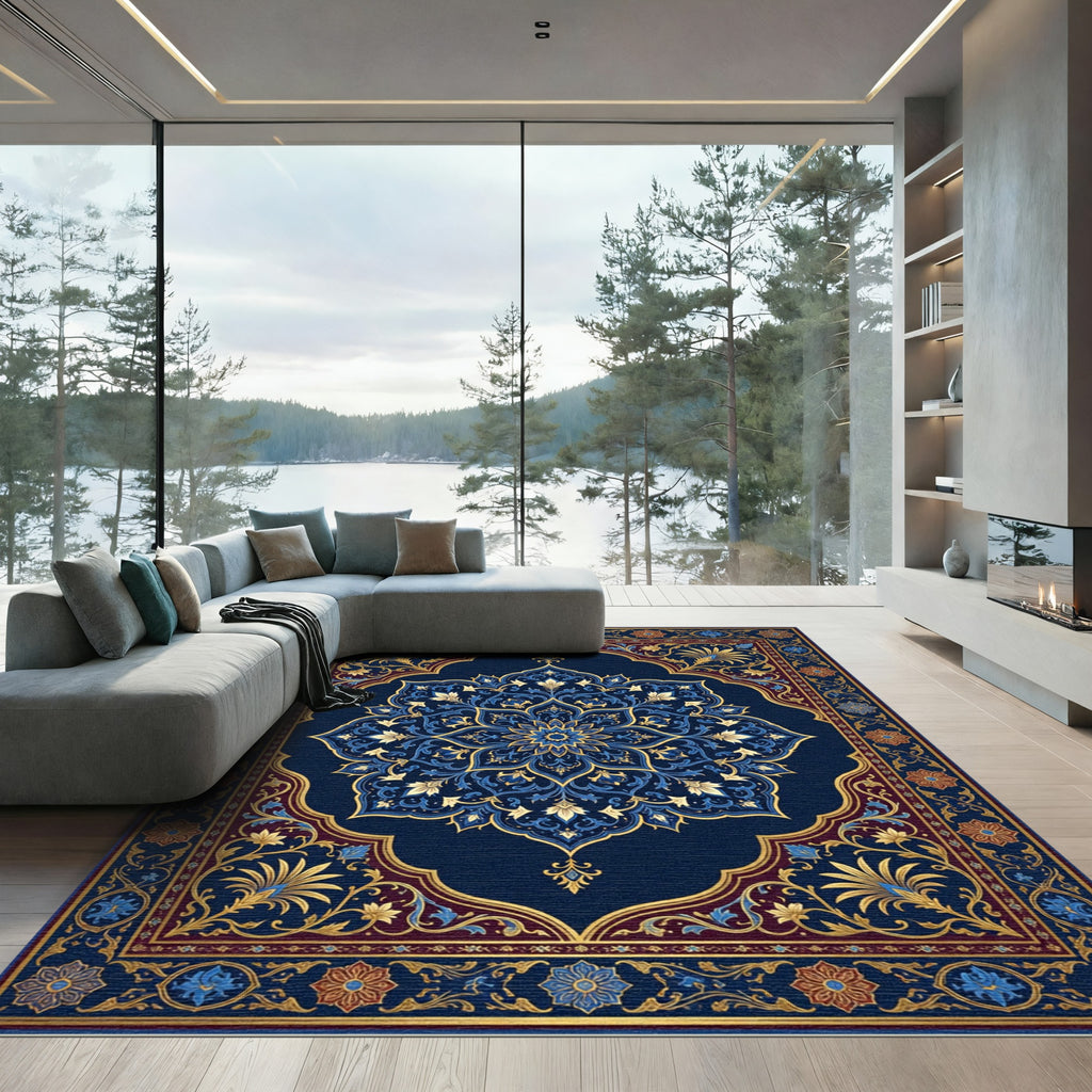 Ornate Navy Golden Floral Medallion Rug
