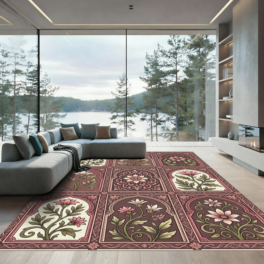 Antique Rose Floral Lattice Tile Rug