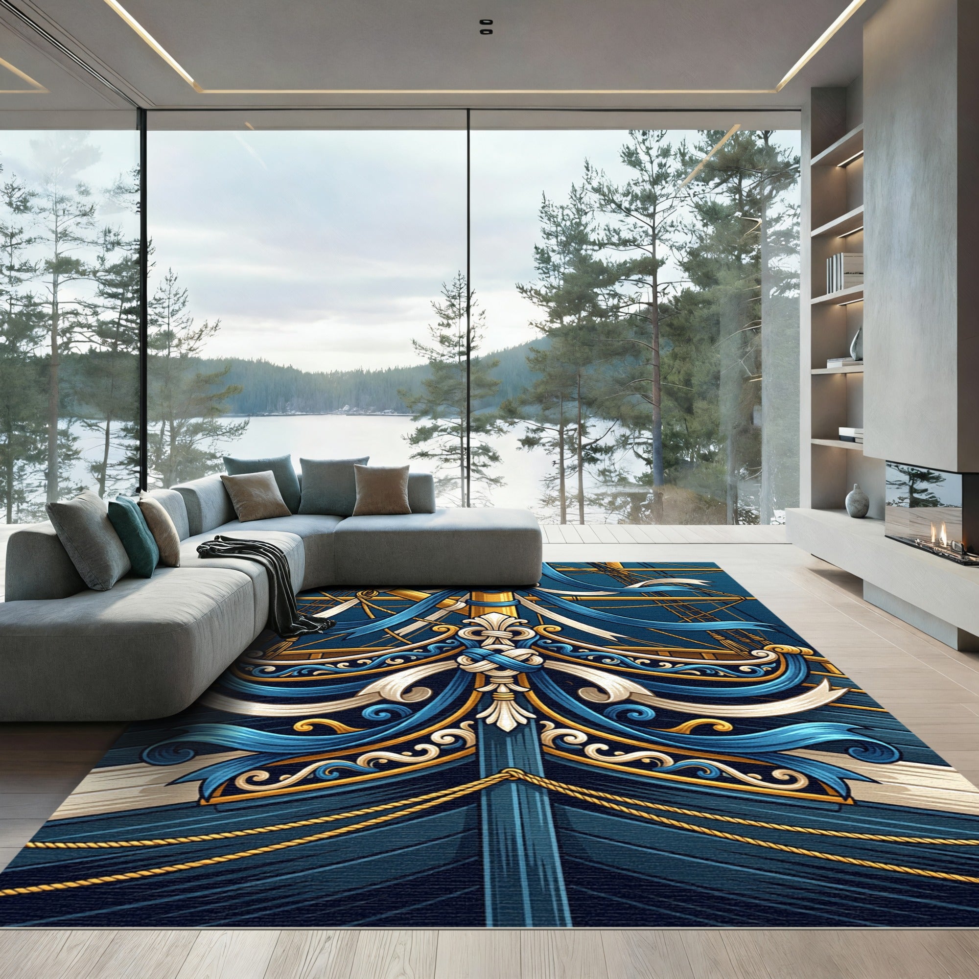 Elegant Navy Nautical Ship Ribbon Art Rug