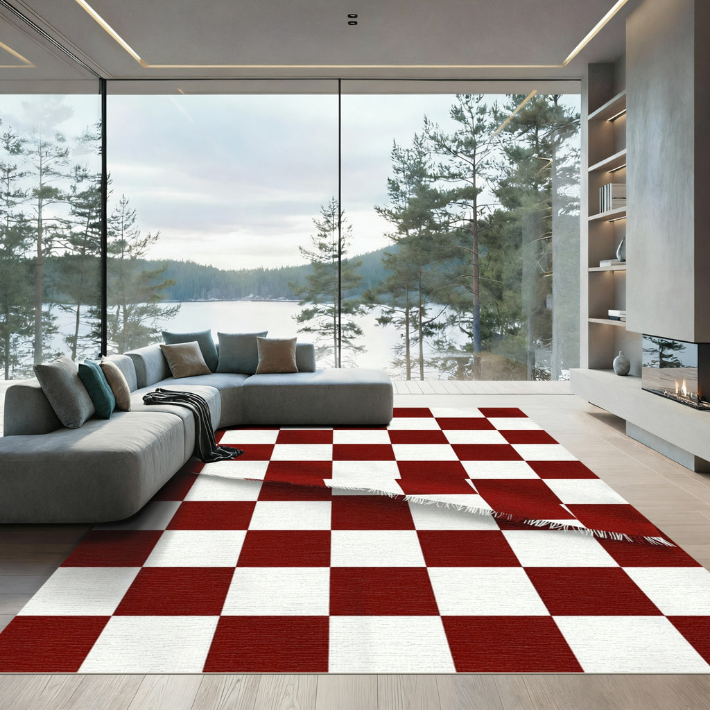 Bold Crimson and White Checkerboard Rug