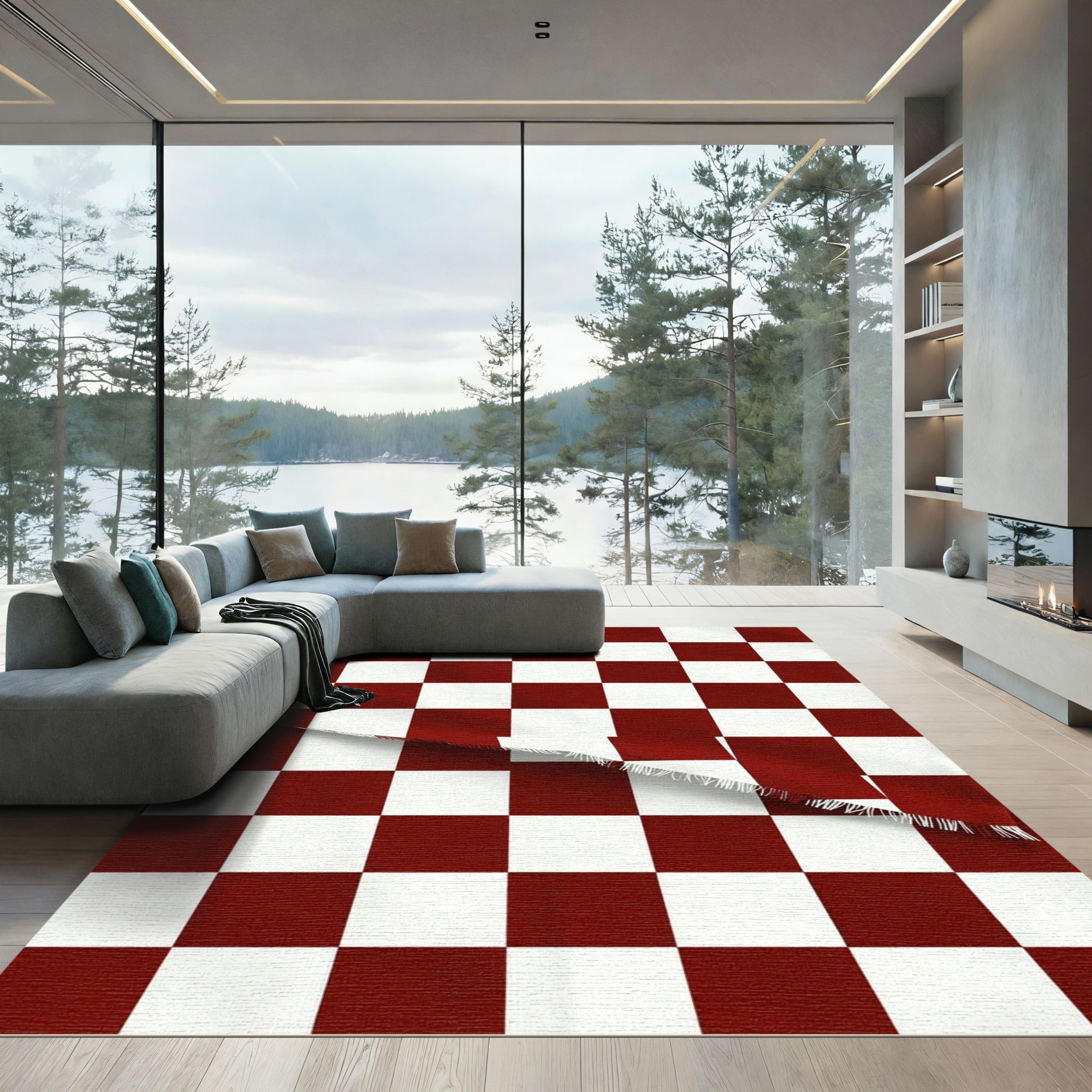 Bold Crimson and White Checkerboard Rug