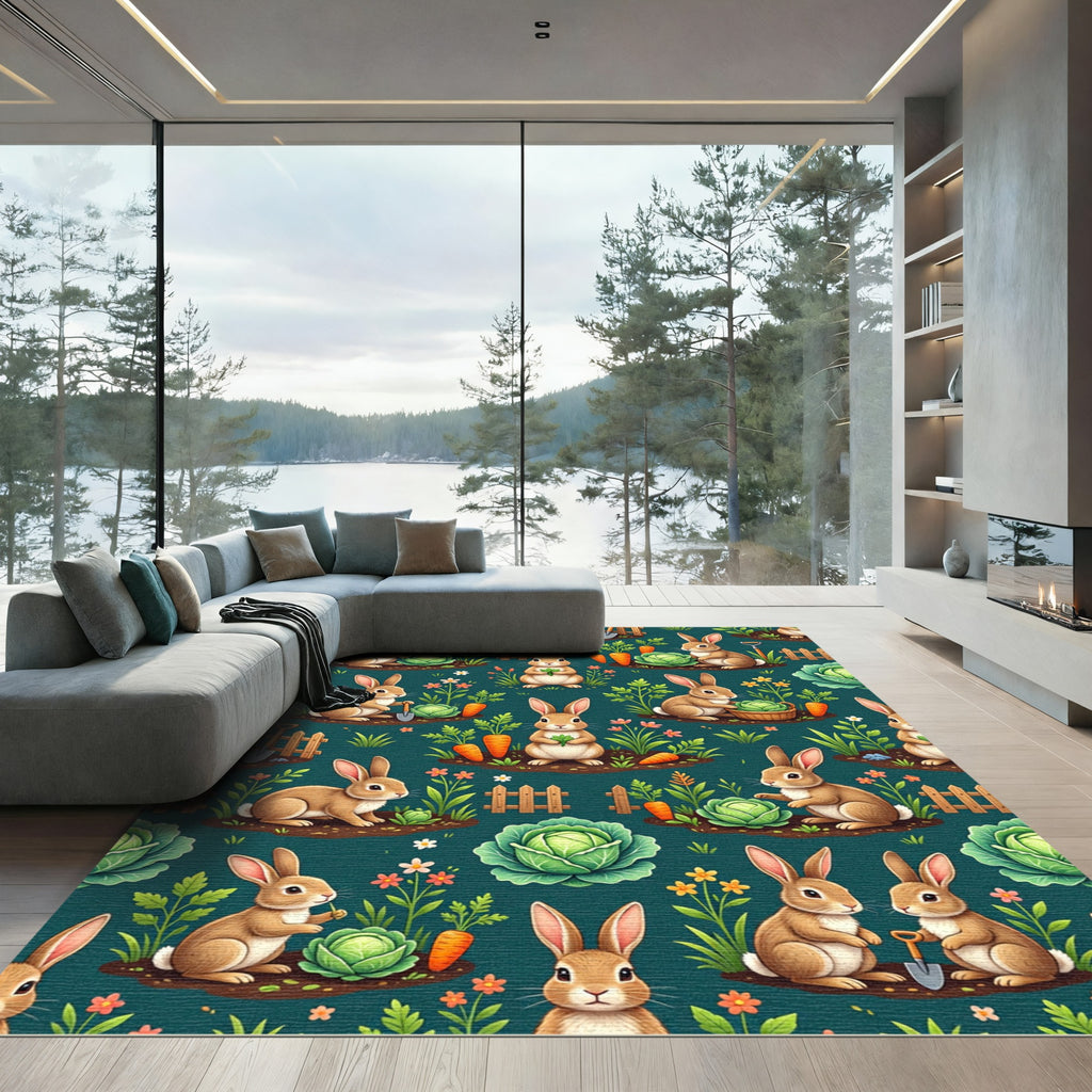 Whimsical Teal Bunny Vegetable Garden Rug