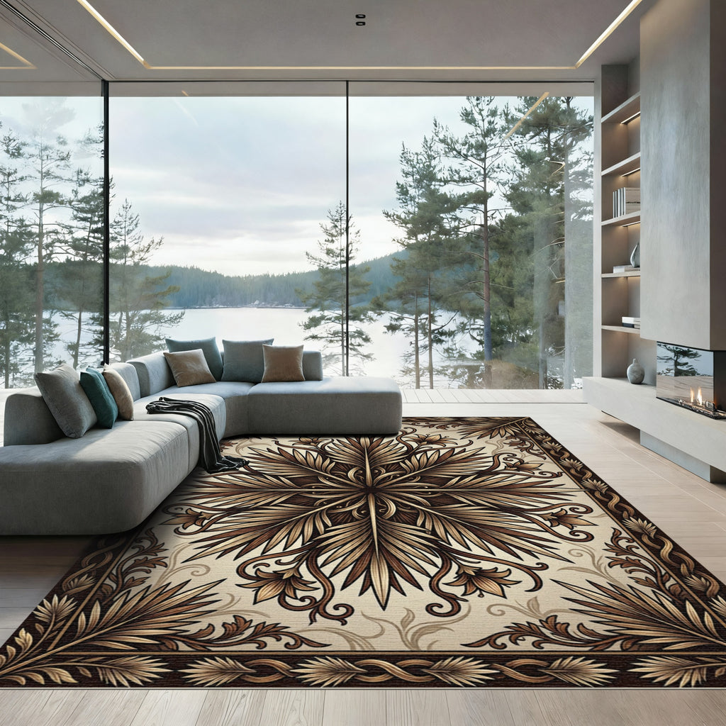 Elegant Bronze Botanical Symmetry Medallion Rug