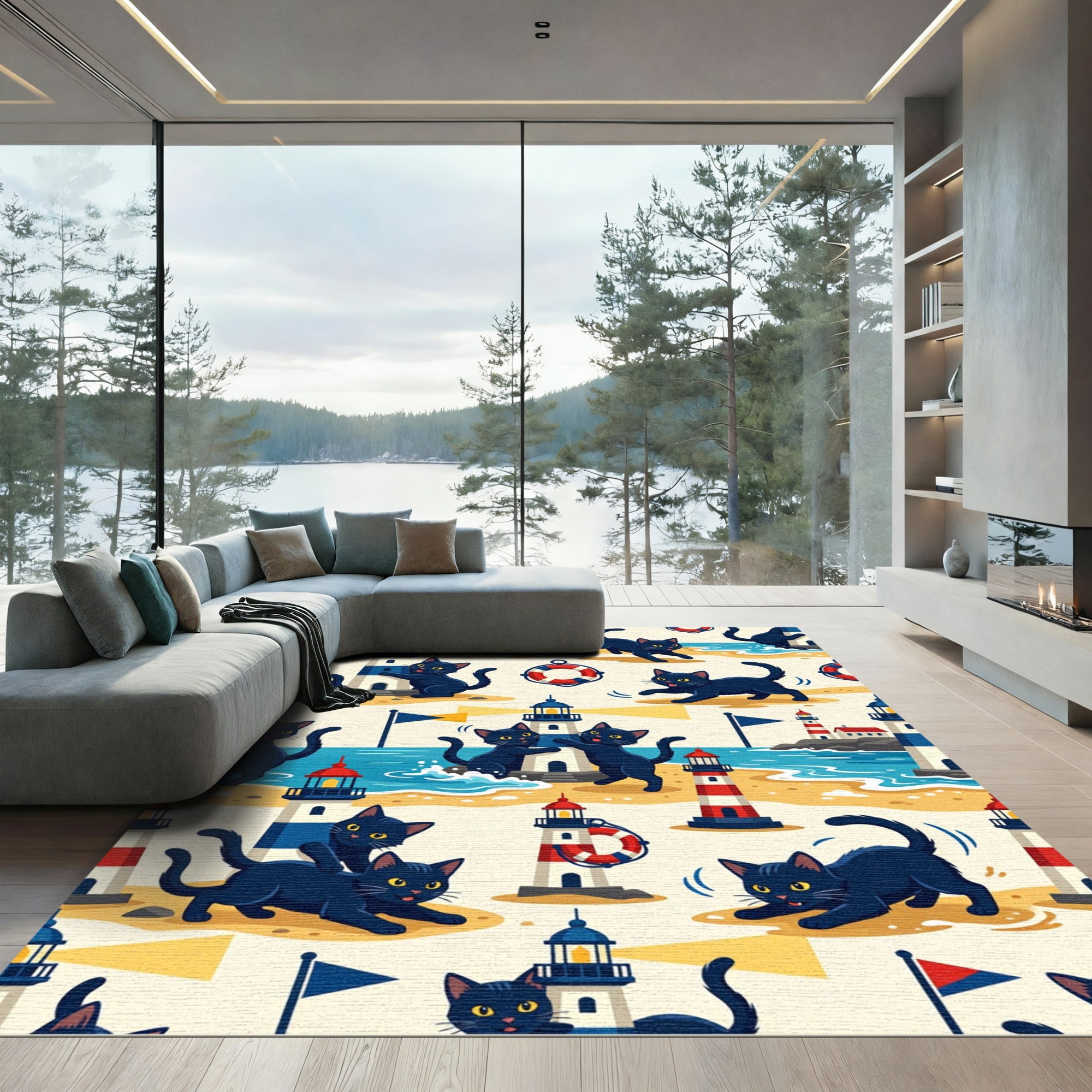Black Cats Lighthouses Nautical Beach Scene Rug