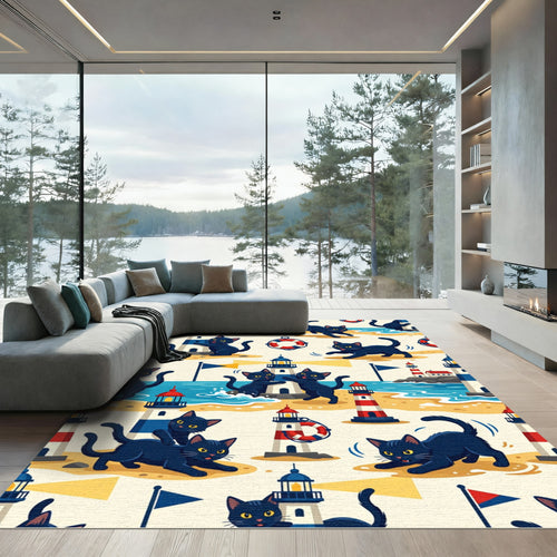 Black Cats Lighthouses Nautical Beach Scene Rug