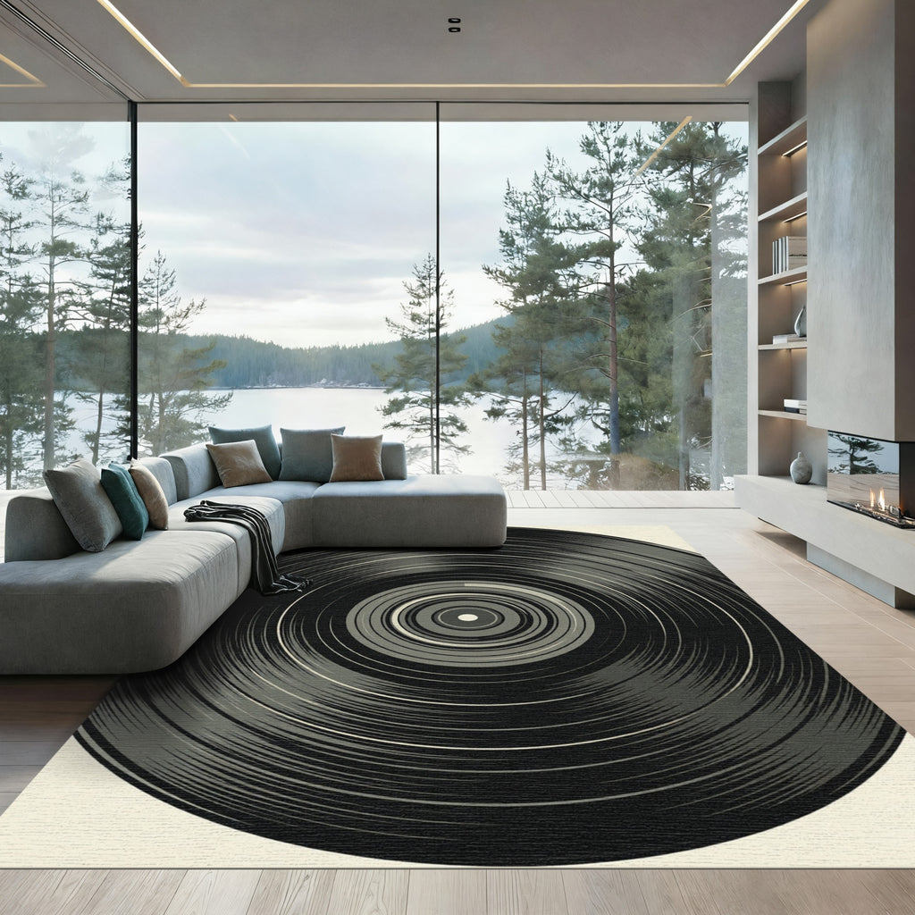 Minimalist Monochrome Concentric Vinyl Circular Abstract Rug