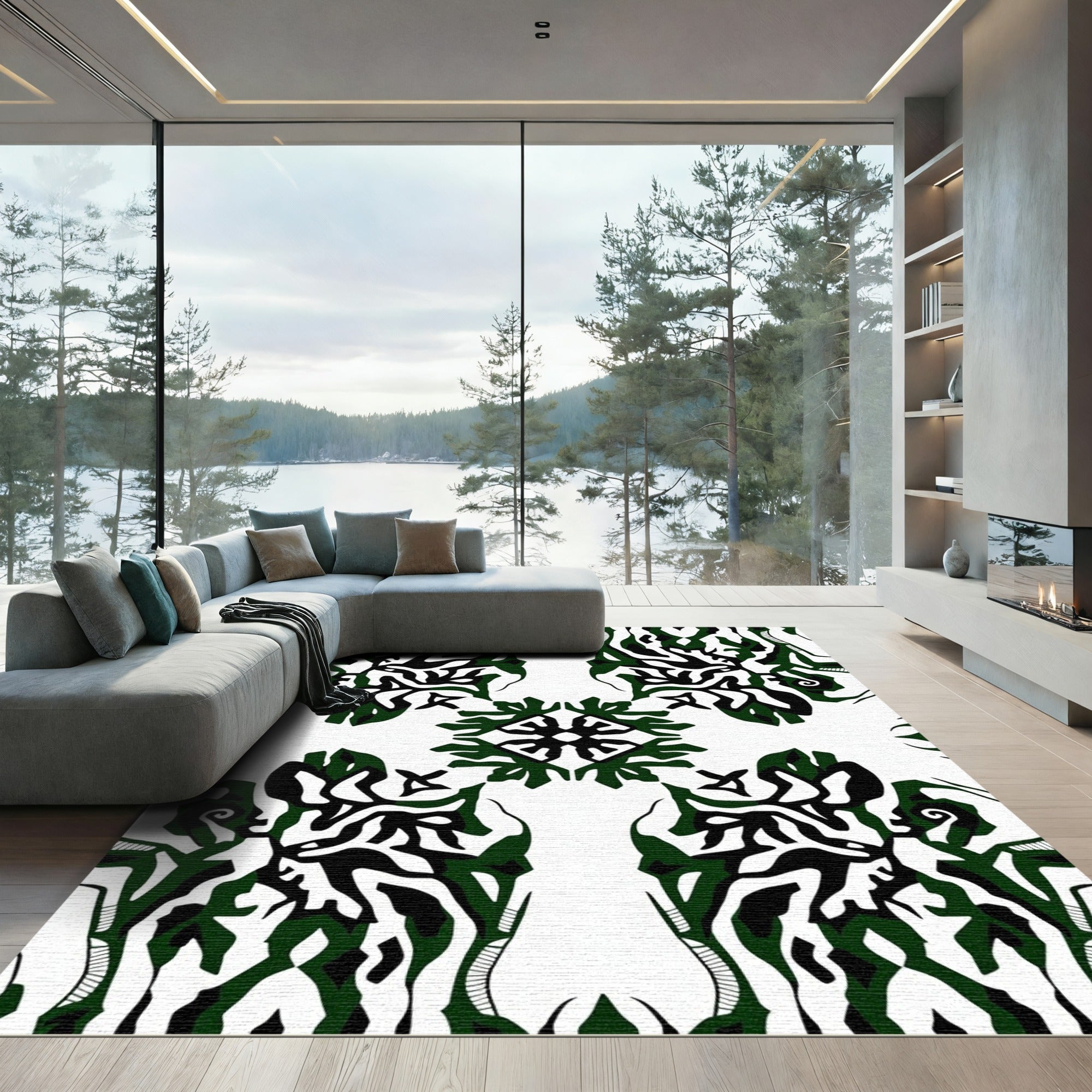 Abstract Emerald Black White Symmetry Rug