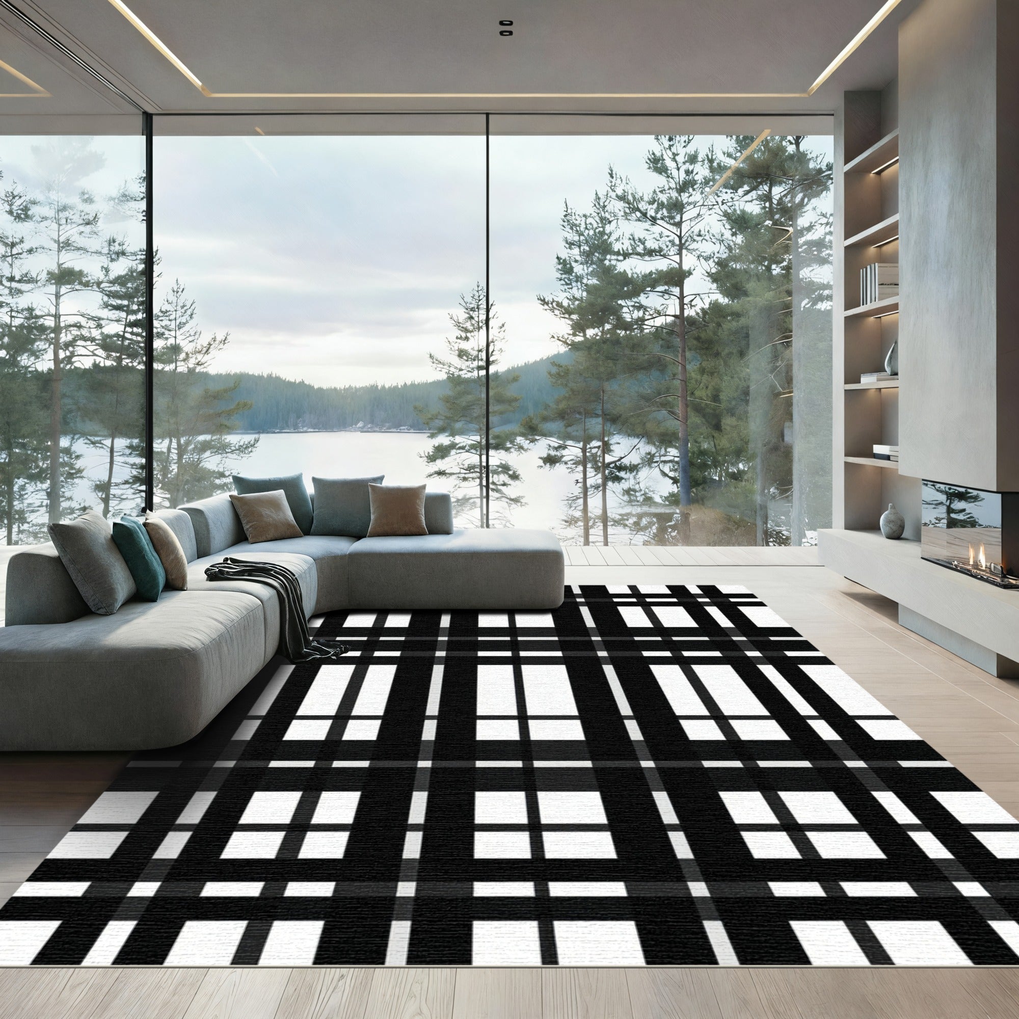 Classic Black White Plaid Checks Rug