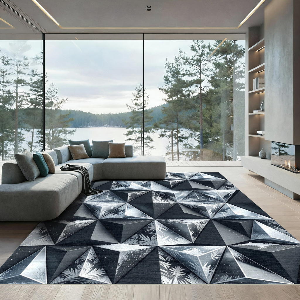 Modern Icy Silver Geometric Prism Rug