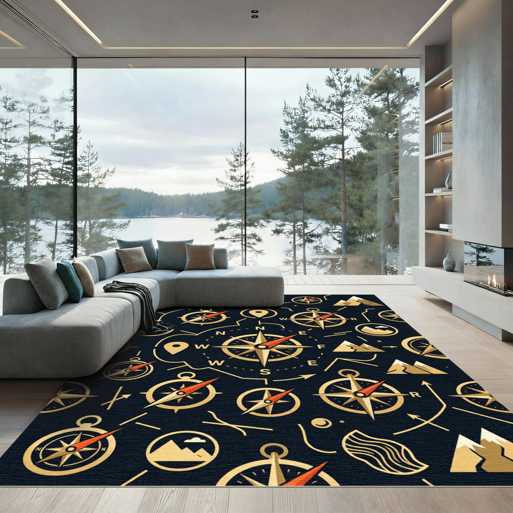 Golden Navigation Compass Mountains Night Rug
