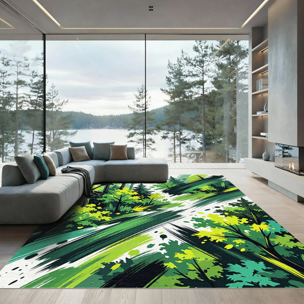 Vibrant Abstract Emerald Forest Brushstrokes Rug