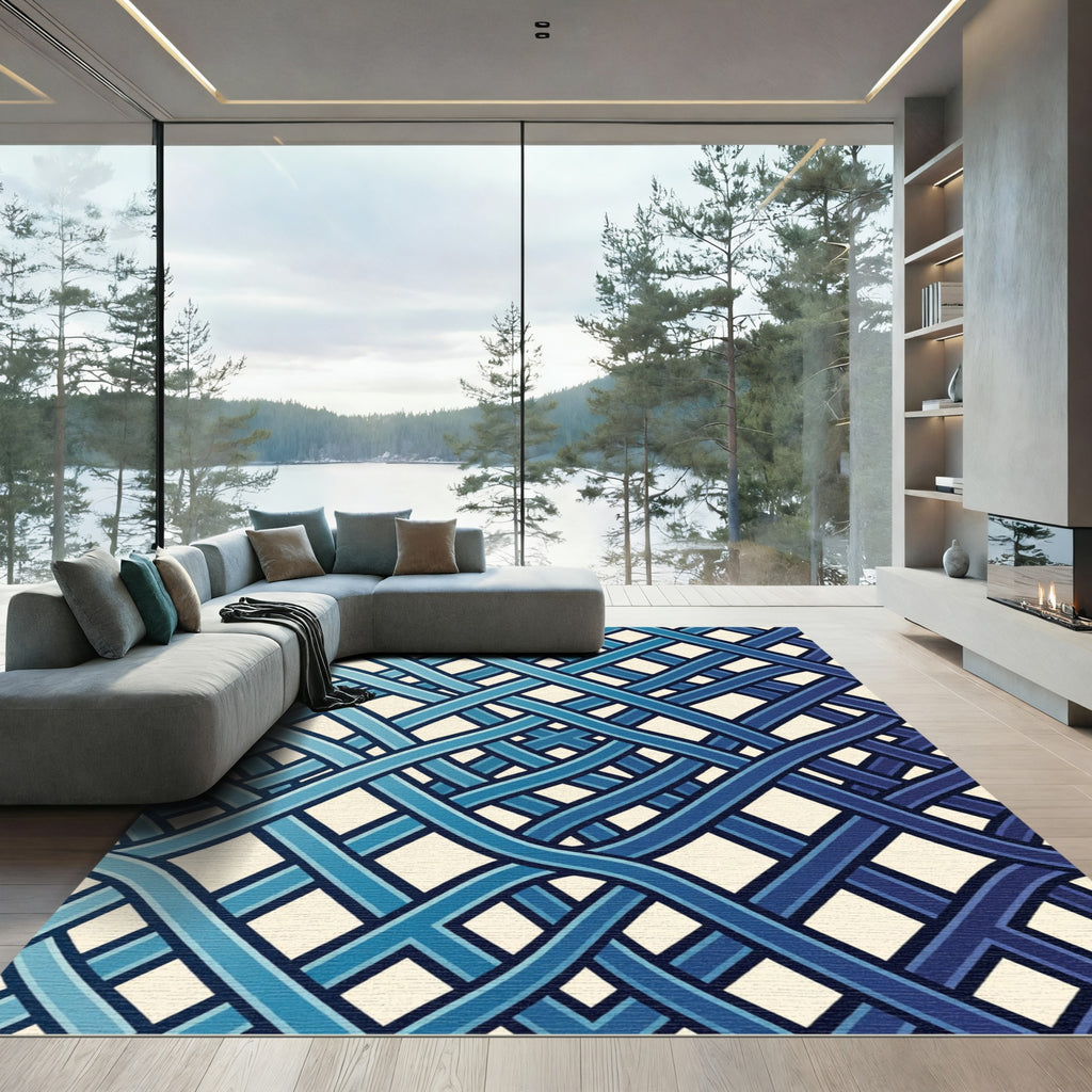 Modern Interwoven Blue Gradient Grid Rug