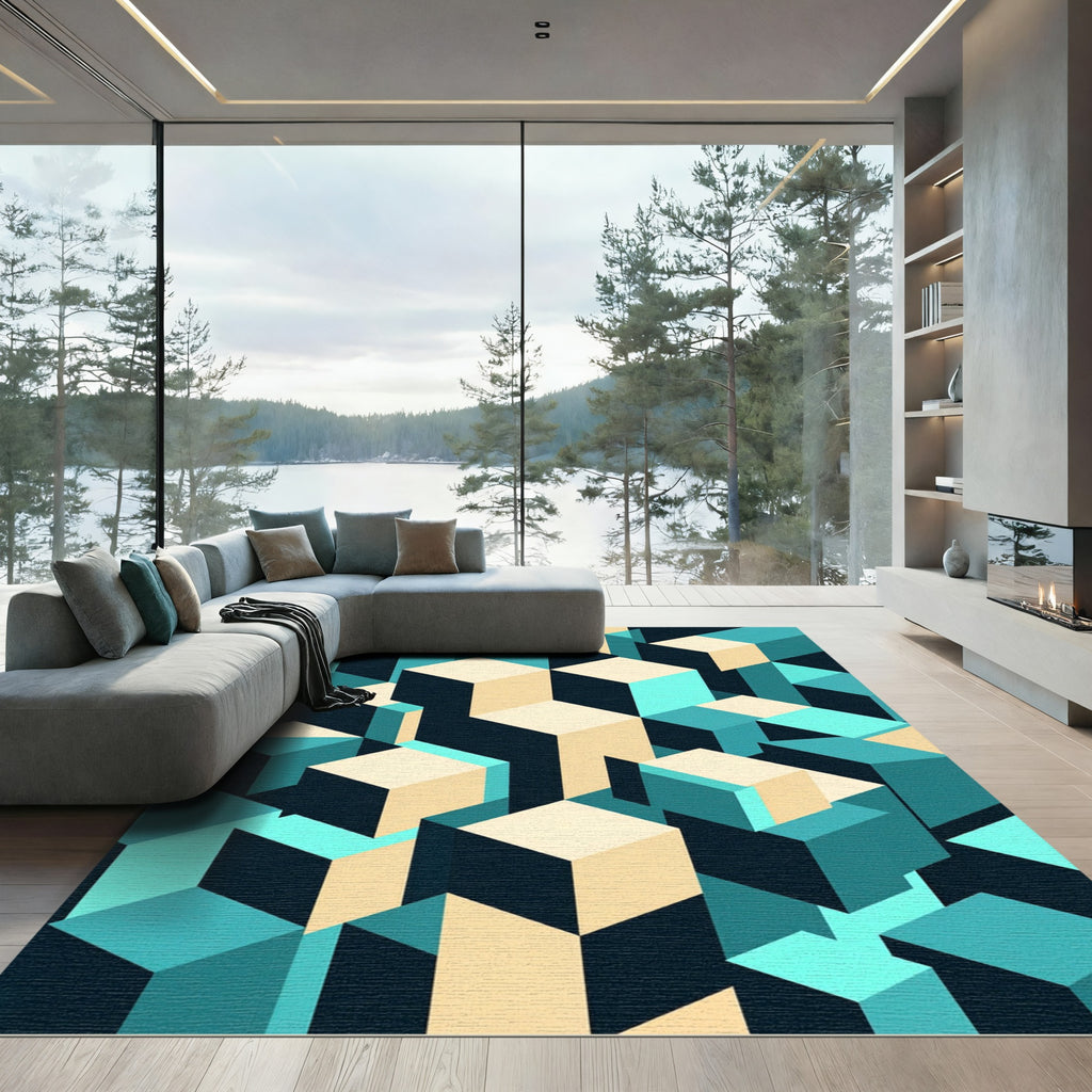 Geometric Teal Cream Cube Abstraction Rug