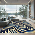 Abstract Swirling Navy and Gold Waves Rug