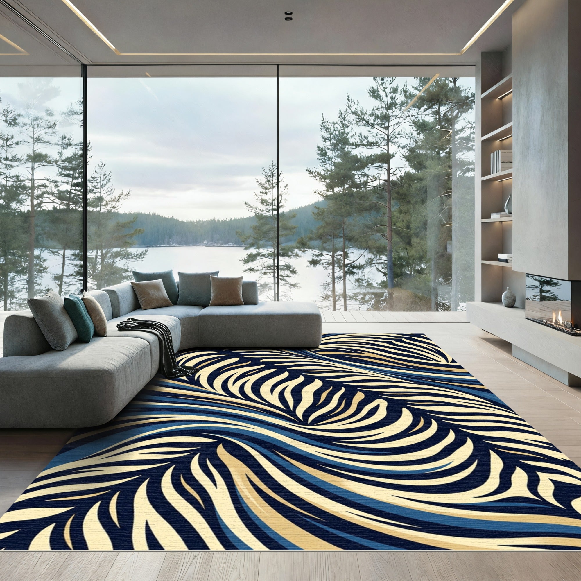 Abstract Swirling Navy and Gold Waves Rug