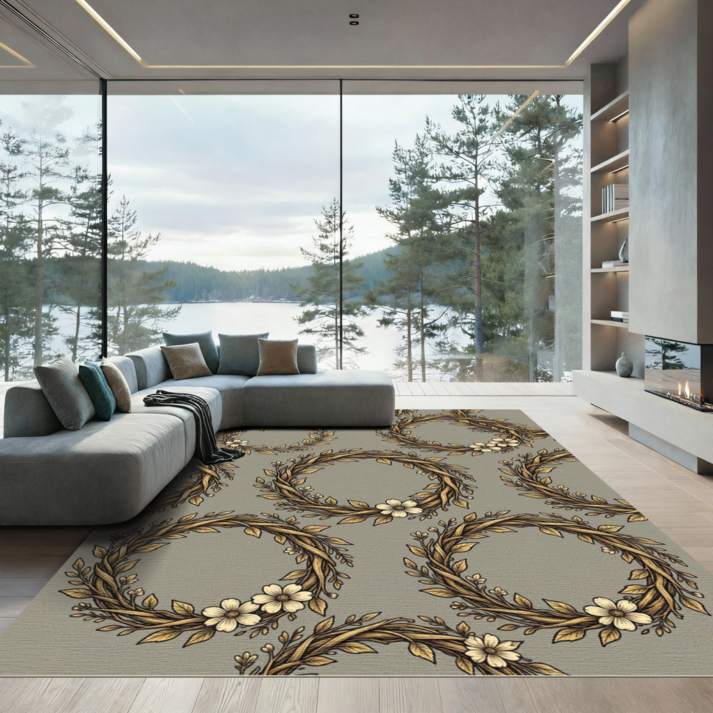Antique Gold Floral Wreath Arrangement Rug