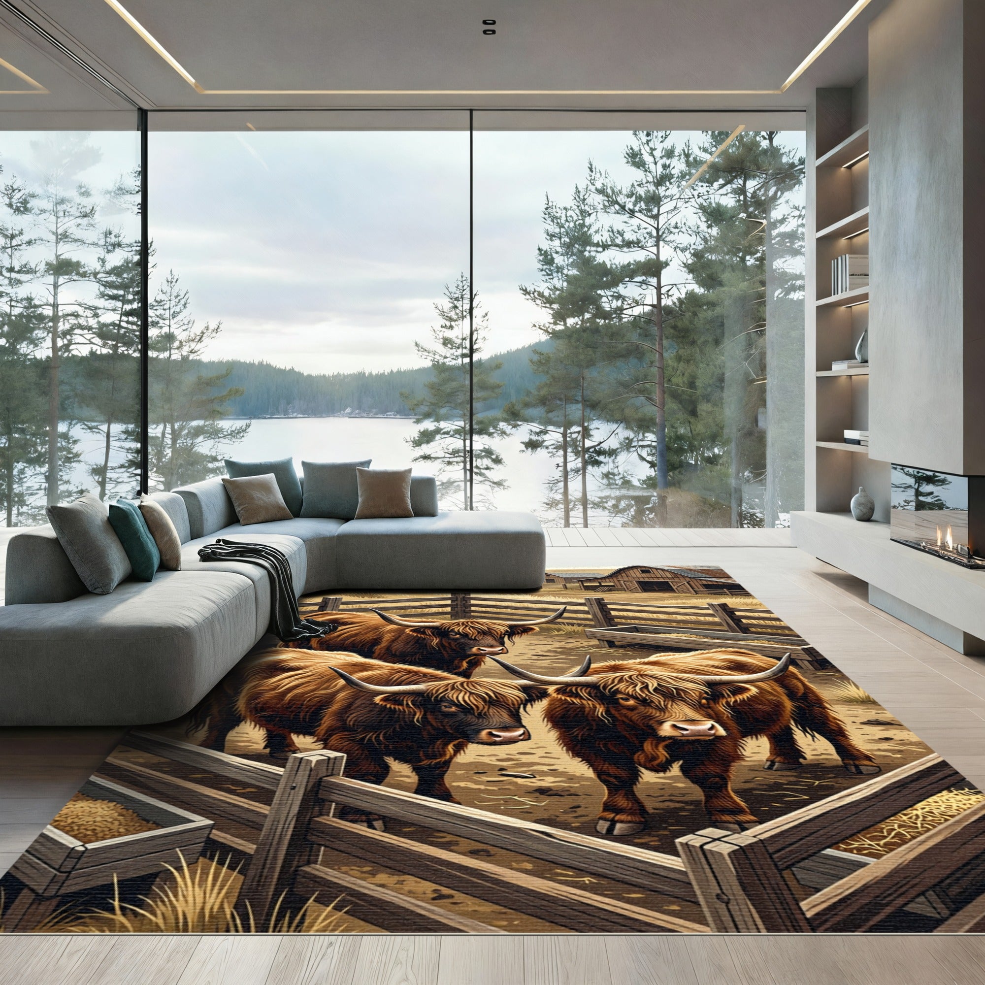 Rustic Highland Cattle Farm Scene Rug