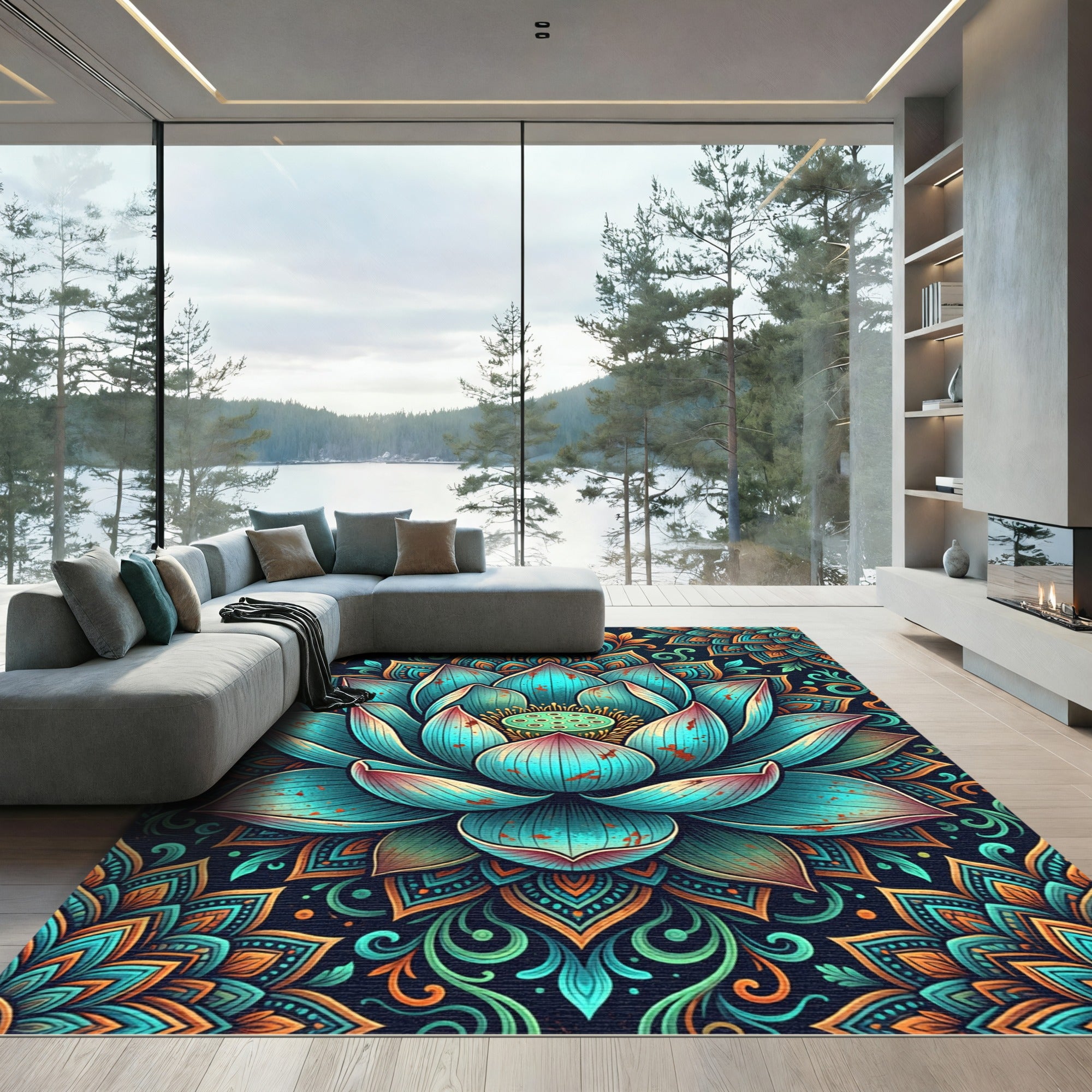 Teal Lotus Mandala Blossoming Art Rug