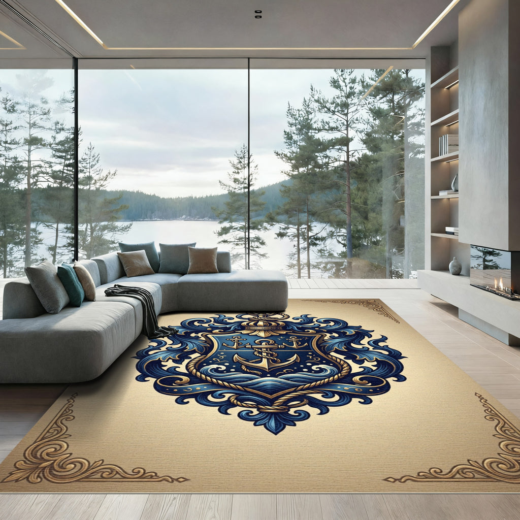 Elegant Navy Blue Nautical Anchor Crest Rug