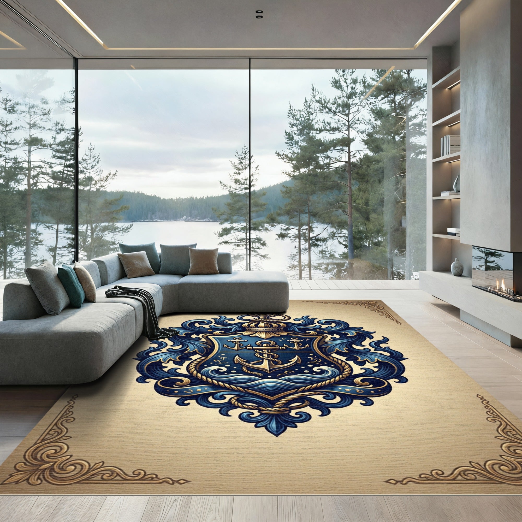 Elegant Navy Blue Nautical Anchor Crest Rug