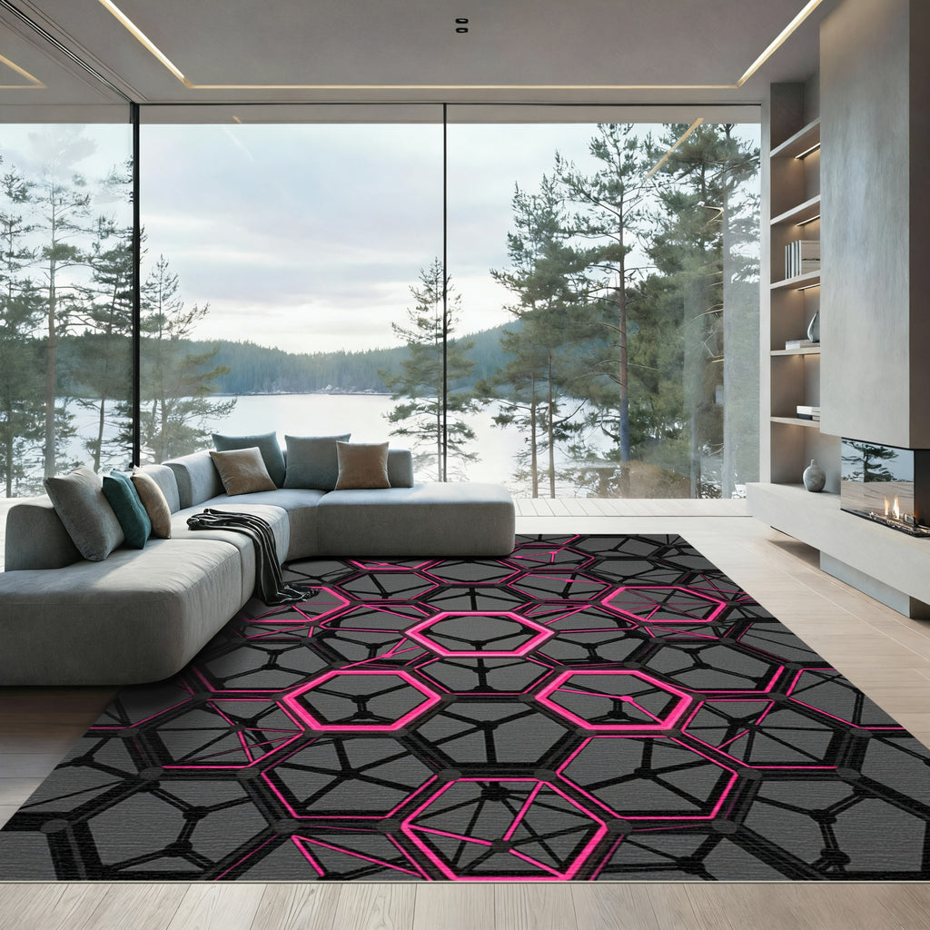 Neon Pink Geometric Hexagon Grid Rug