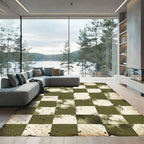 Distressed Olive Green Checkered Grid Rug