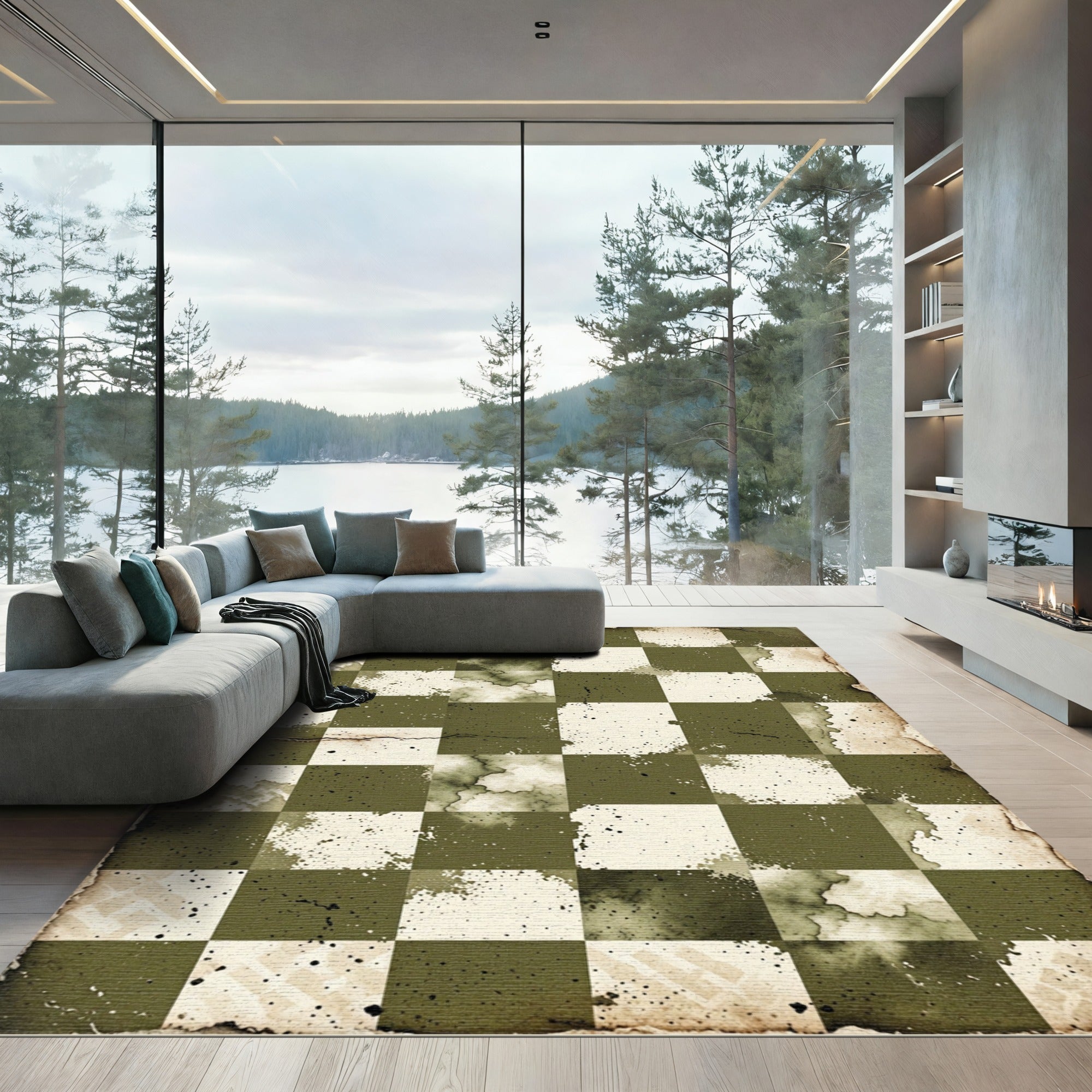 Distressed Olive Green Checkered Grid Rug