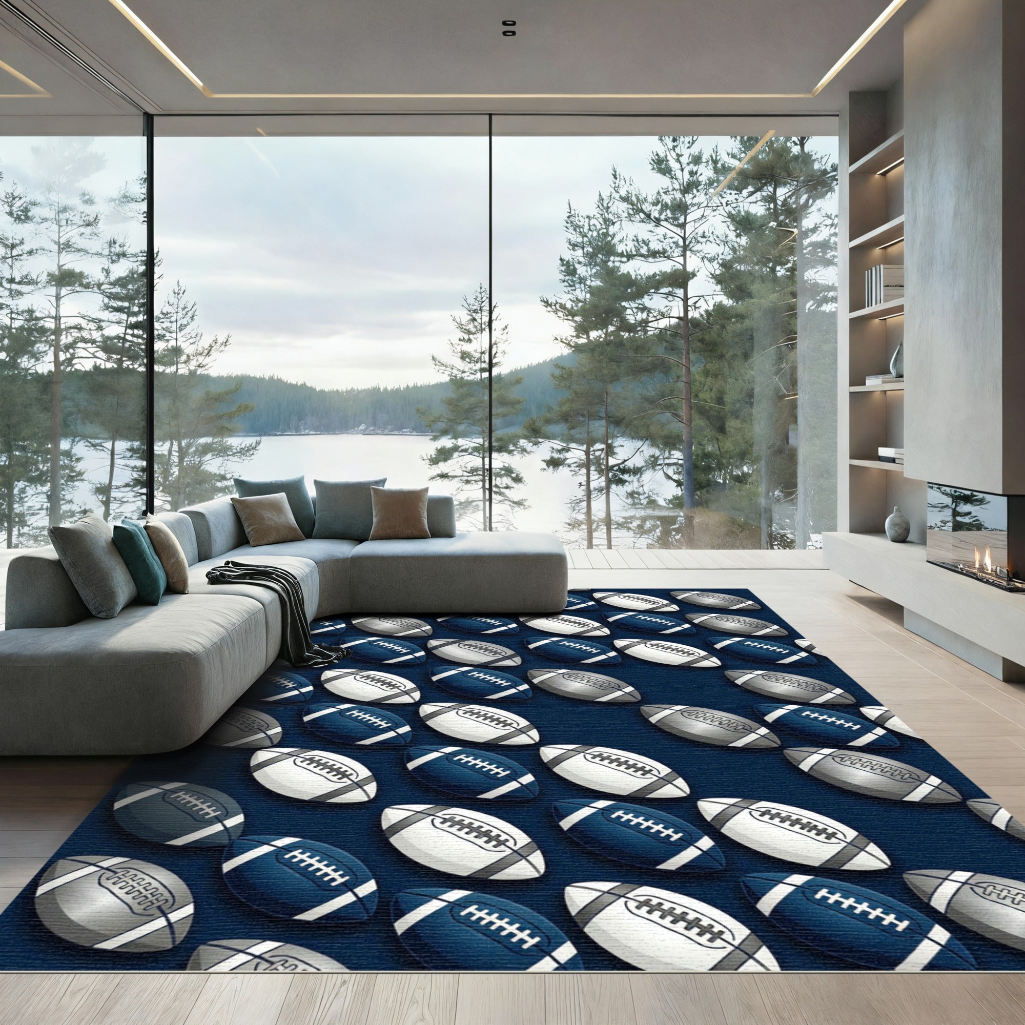 Navy White Football Grid Area Accent Rug