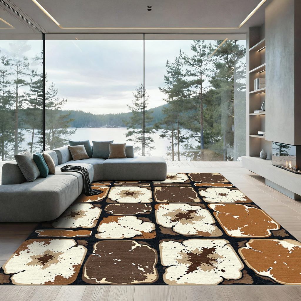 Earthy Brown Distressed Tonal Tile Abstract Rug