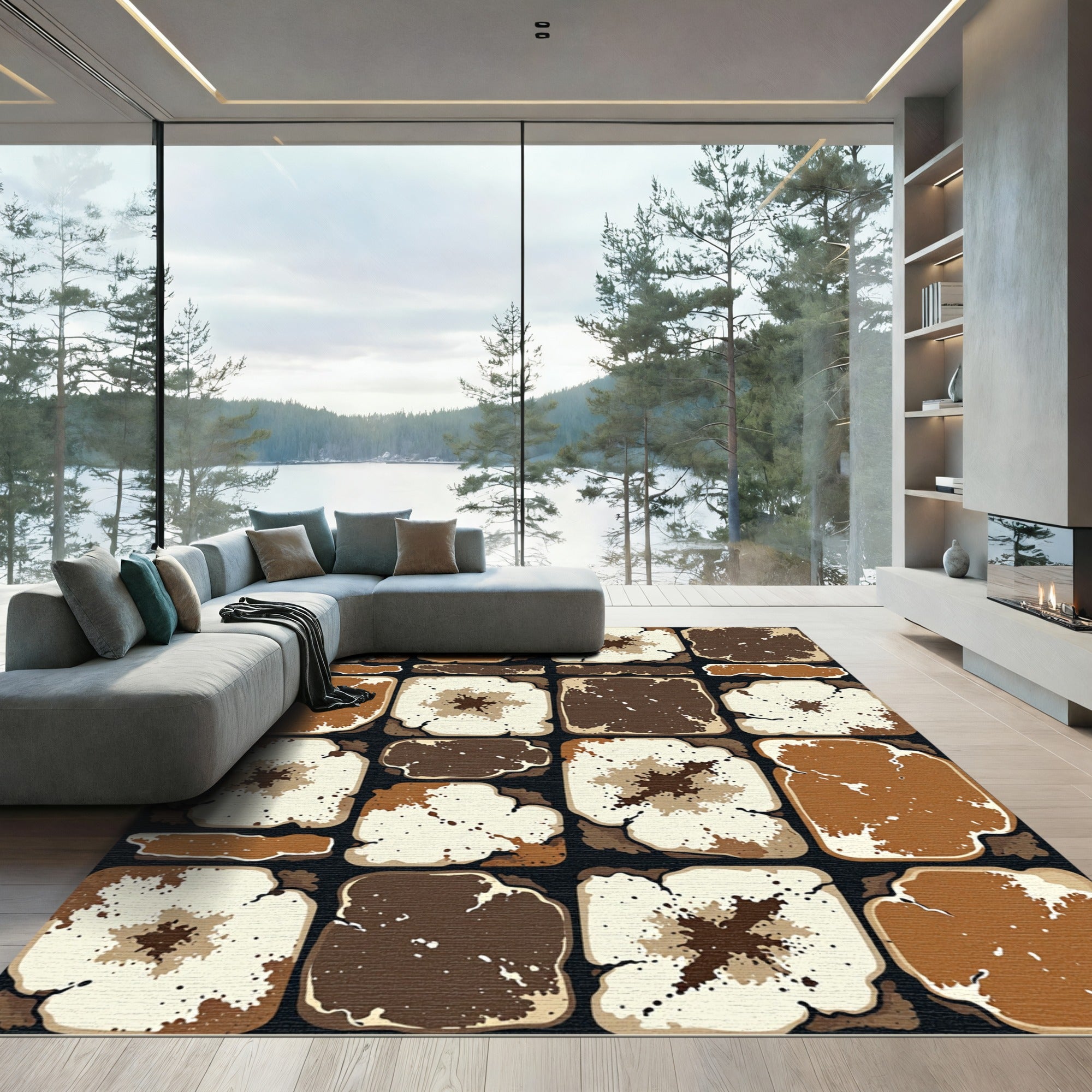 Earthy Brown Distressed Tonal Tile Abstract Rug