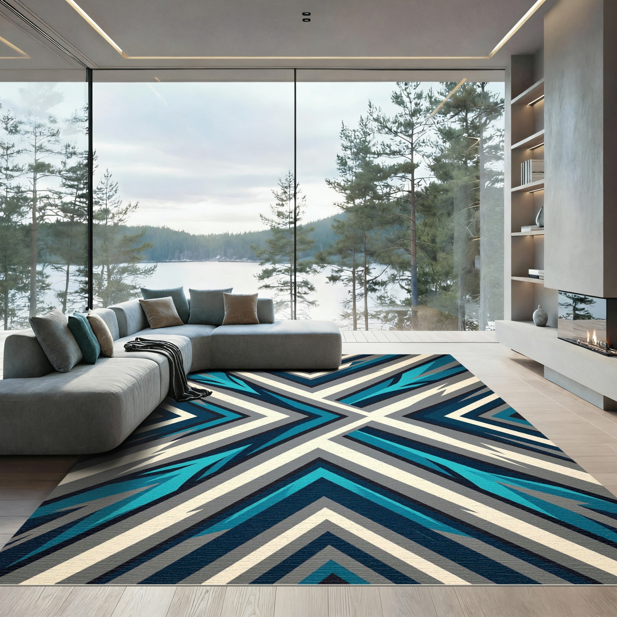 Geometric Teal and Gray Angular Chevron Rug