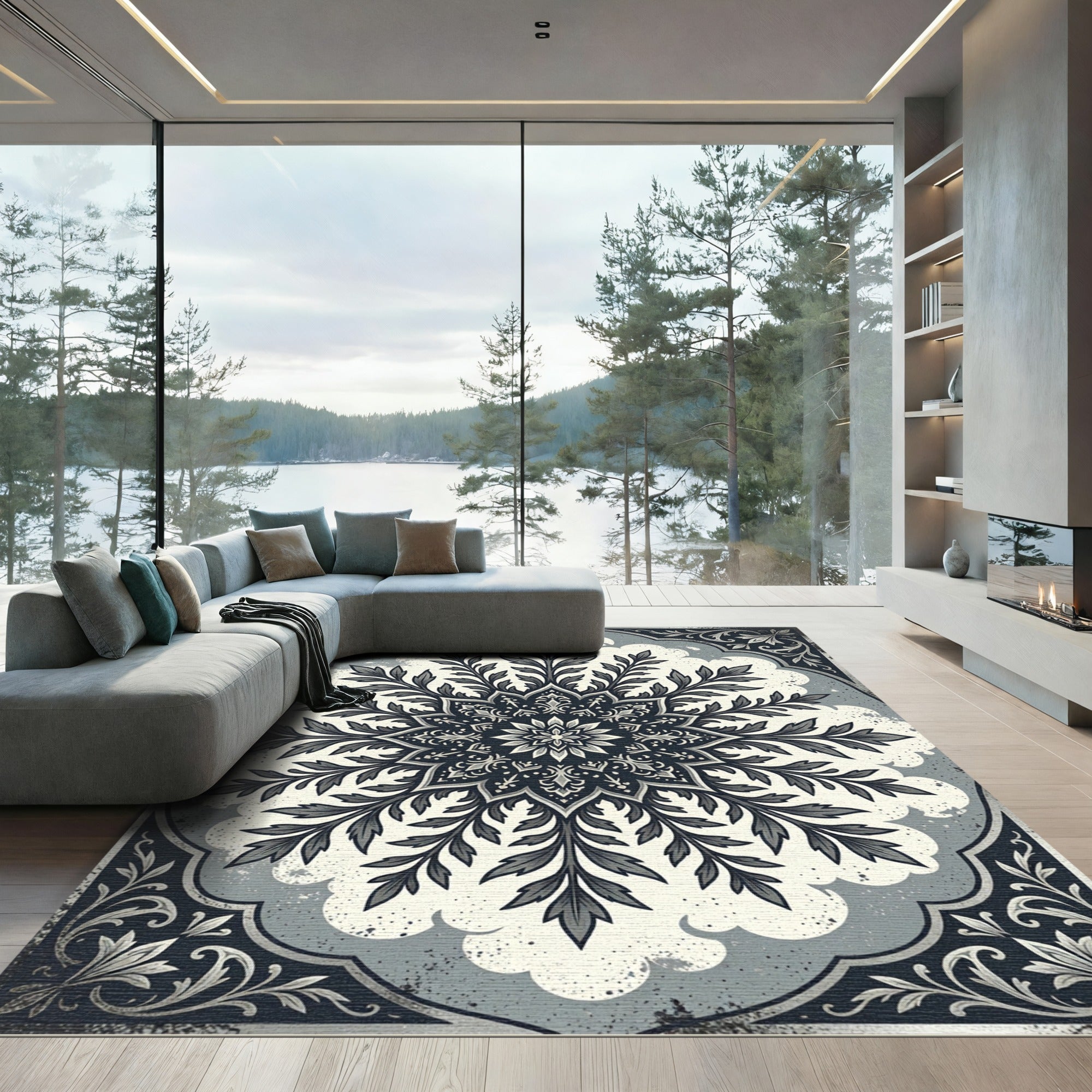 Sophisticated Slate Gray Floral Damask Rug