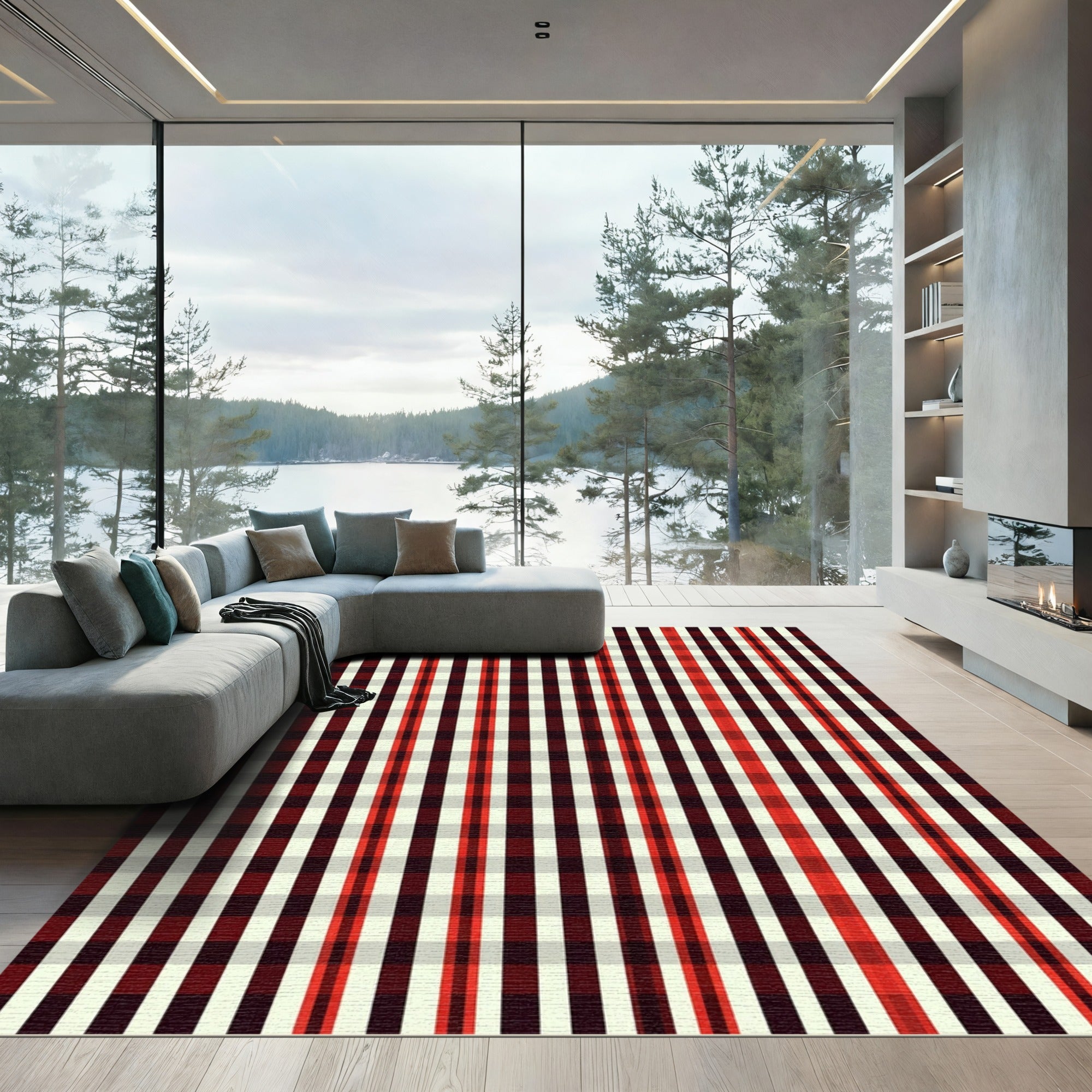 Crimson Red White Plaid Squares Rug