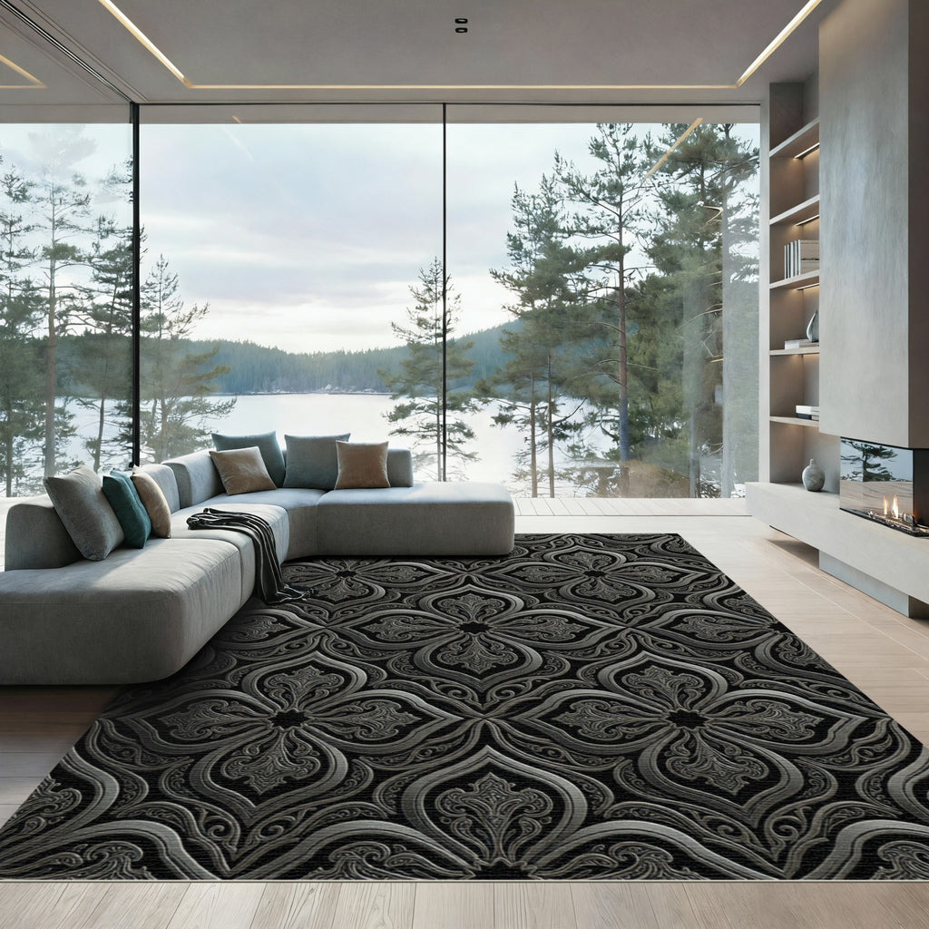 Ornate Silver Arabesque Scroll Rug