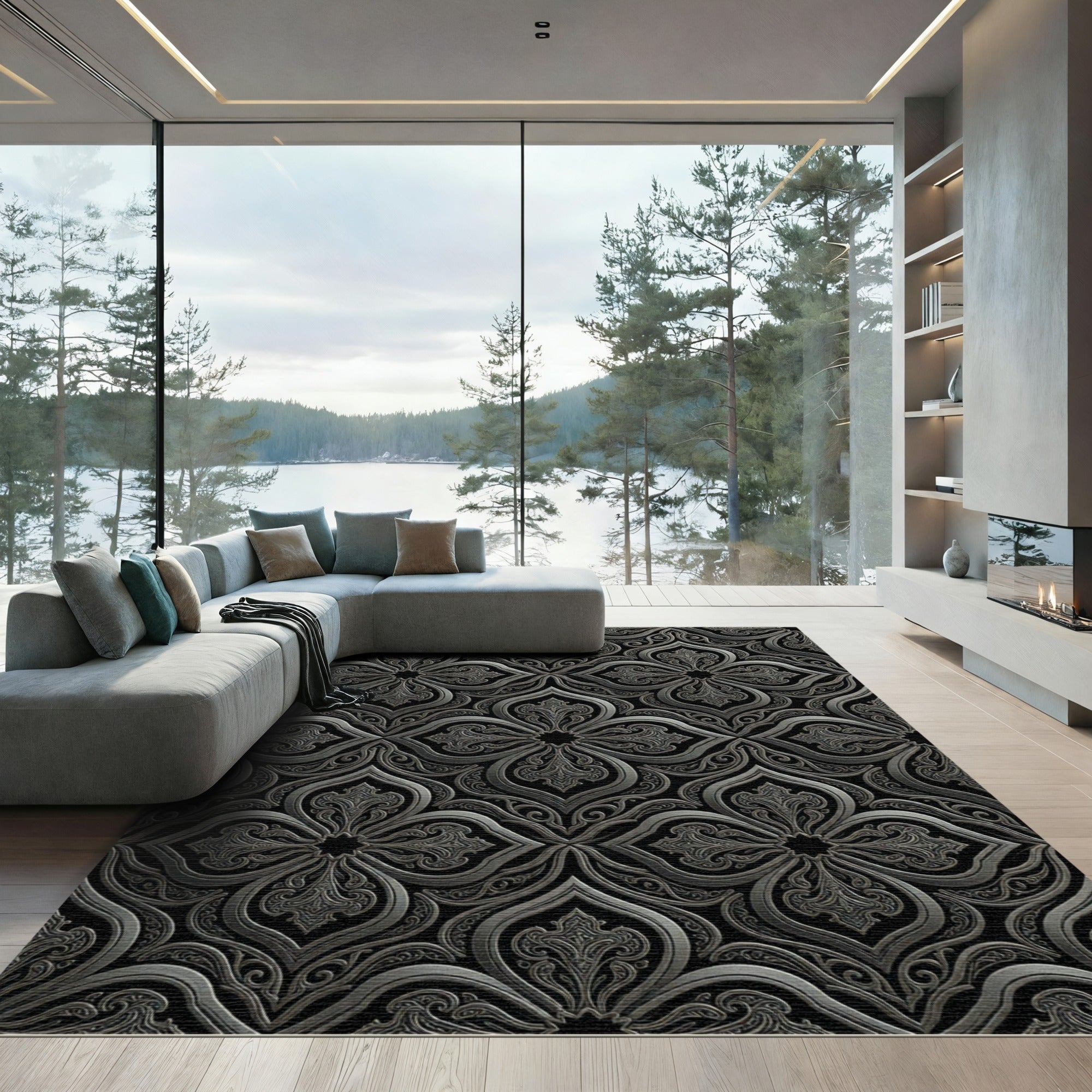 Ornate Silver Arabesque Scroll Rug