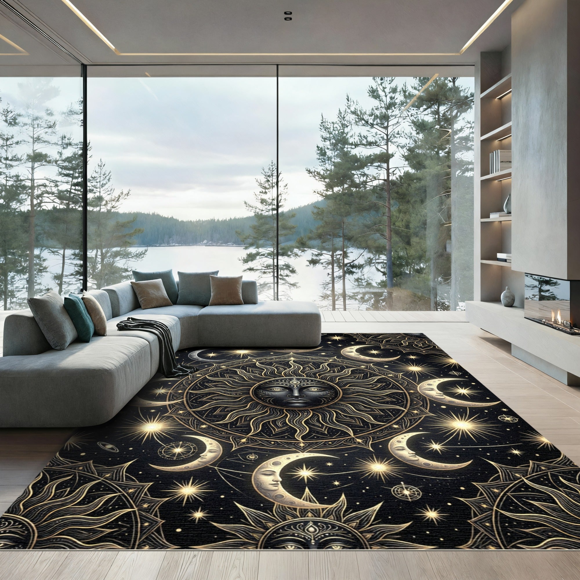 Celestial Sun Moon Star Mandala Art Rug