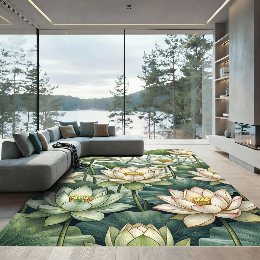 Elegant Botanical Lotus Watercolor Serene Rug