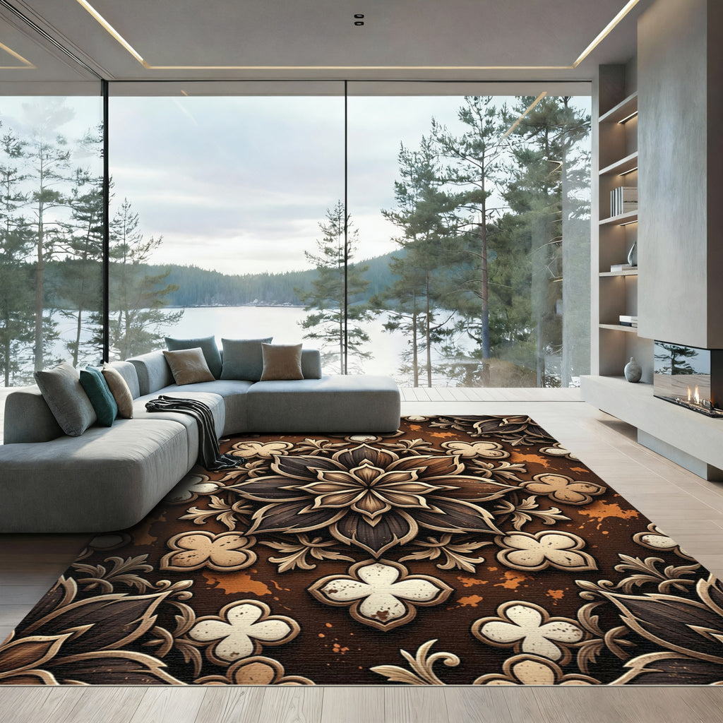 Earthy Brown Floral Medallion Relief Rug