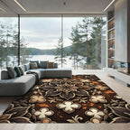 Earthy Brown Floral Medallion Relief Rug