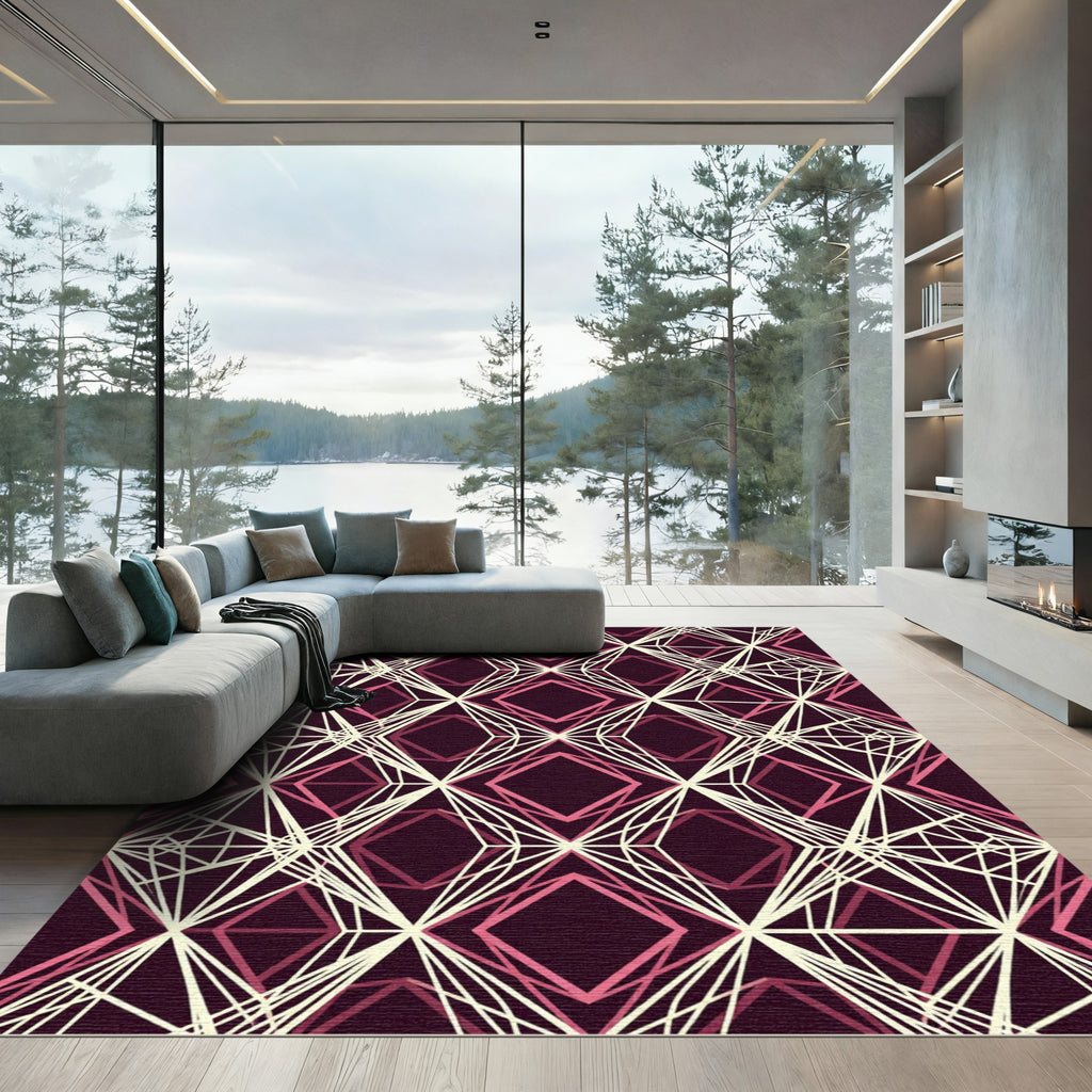 Geometric Burgundy Cream Diamond Linear Art Rug