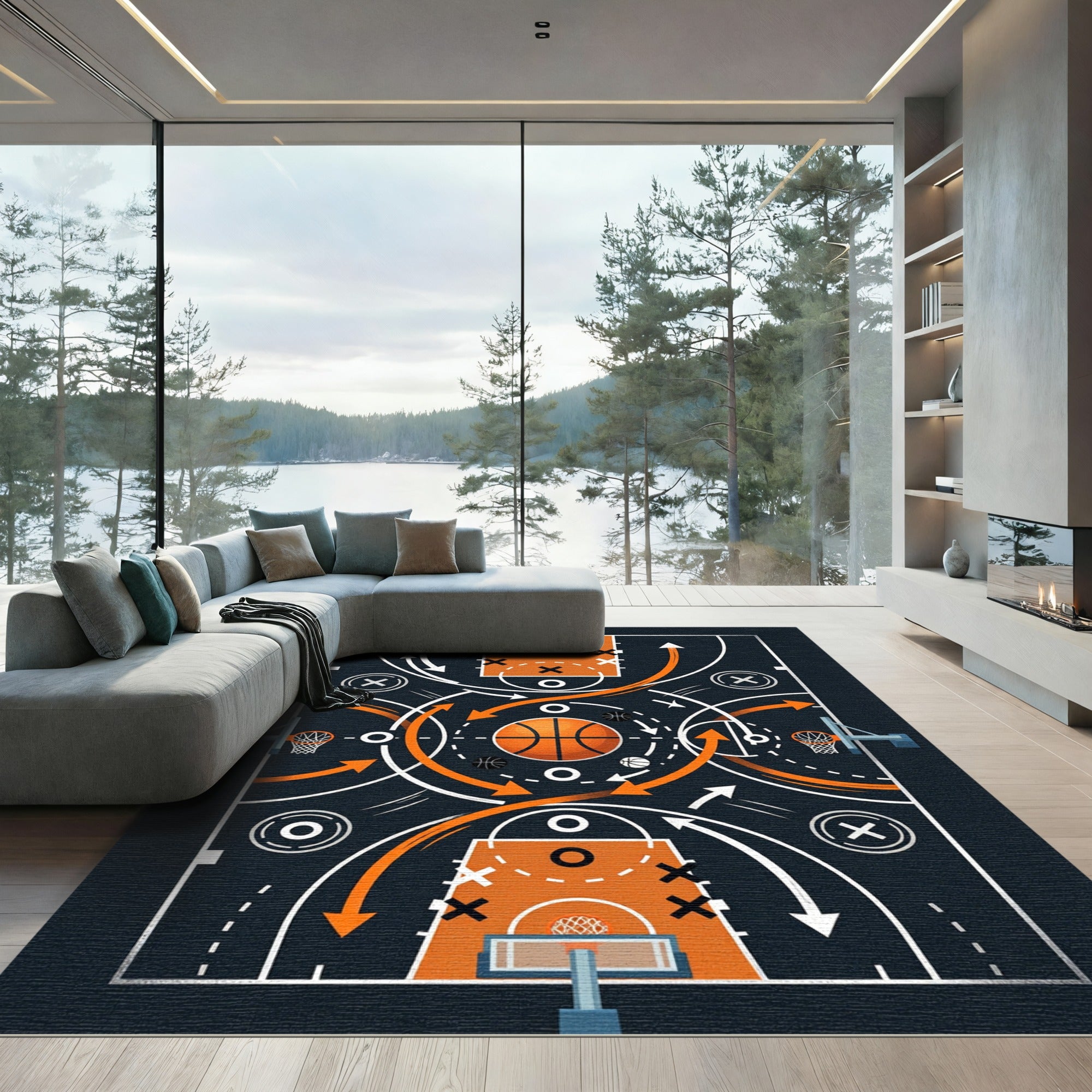 Orange And Navy Athletic Court Diagram Rug