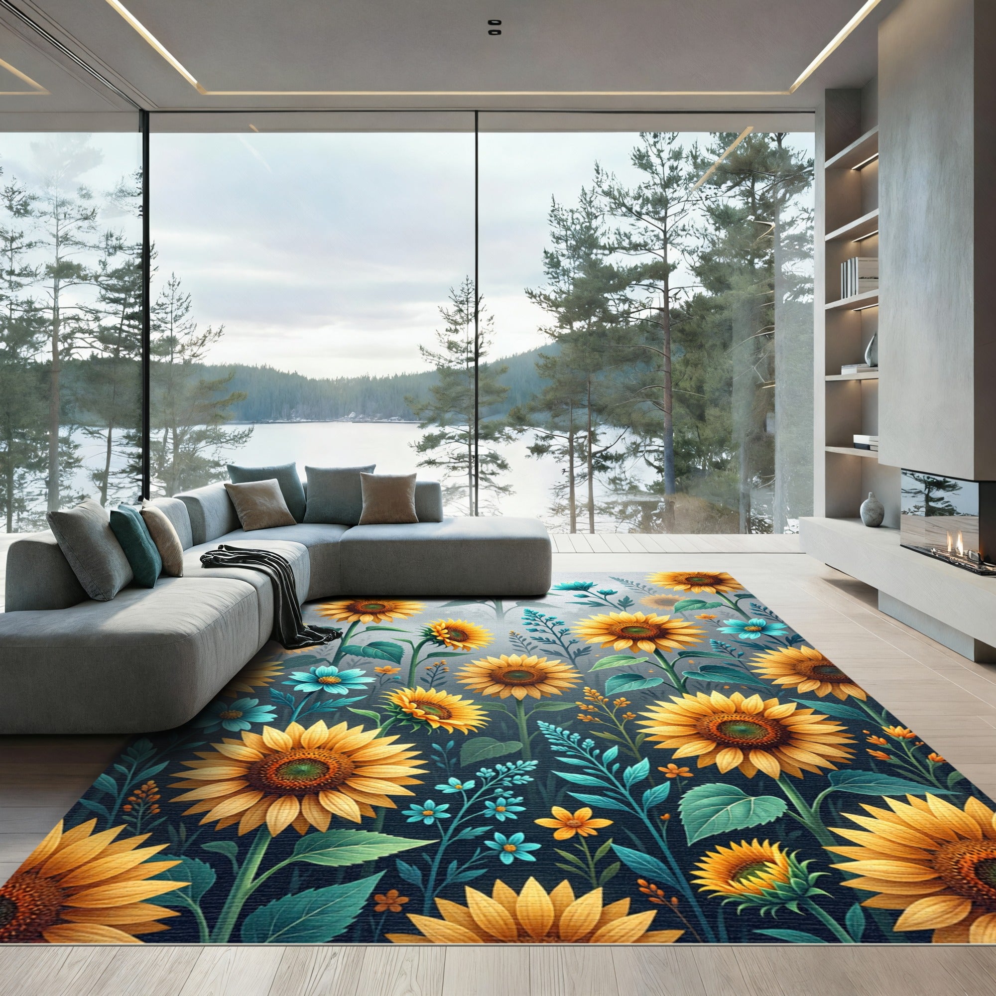 Sunlit Golden Sunflower and Teal Meadow Rug