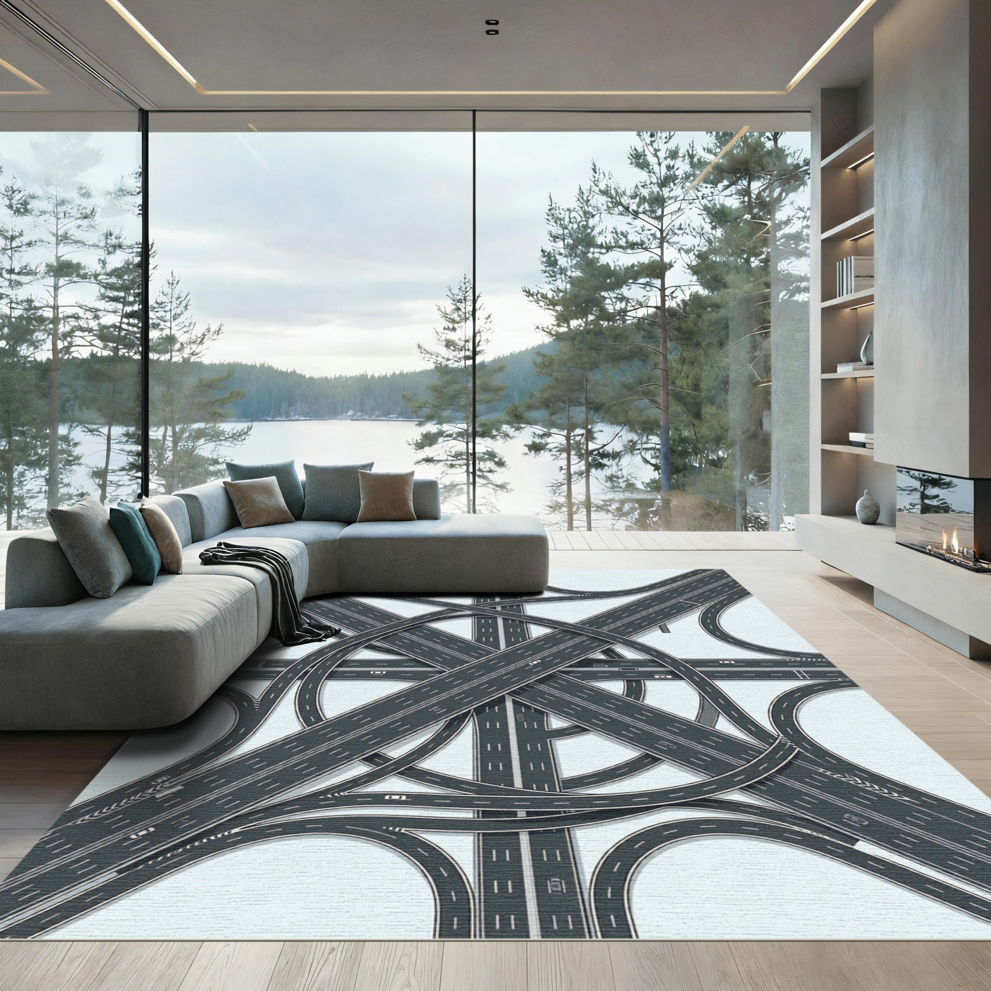 Abstract Gray Architectural Highway Intersection Rug