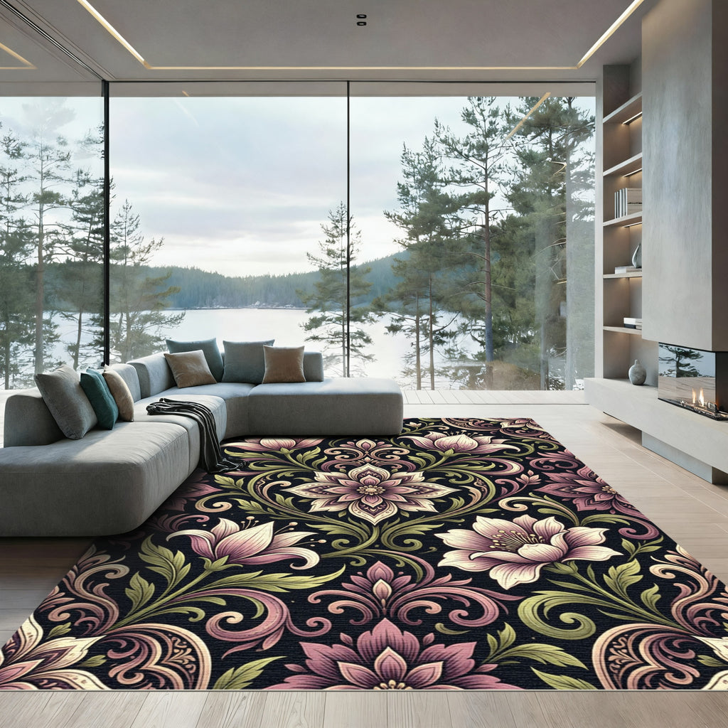 Elegant Mauve Floral Damask Tapestry Rug