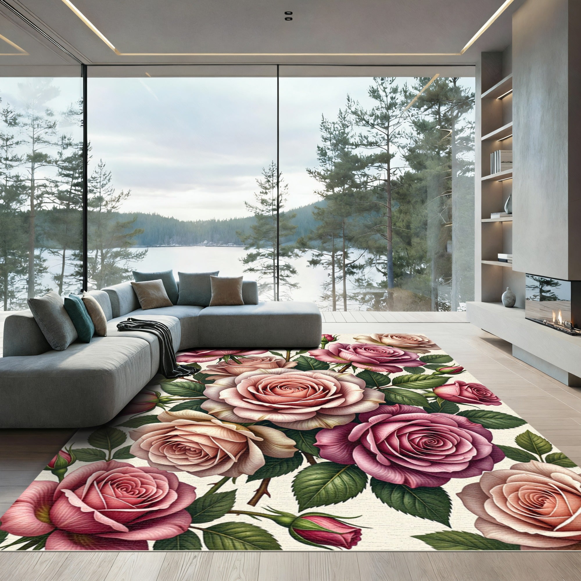 Romantic Pink Rose Bouquet Illustration Rug