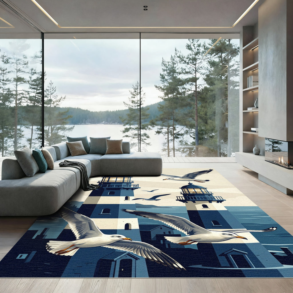 Coastal Navy Lighthouse Gulls Scene Rug