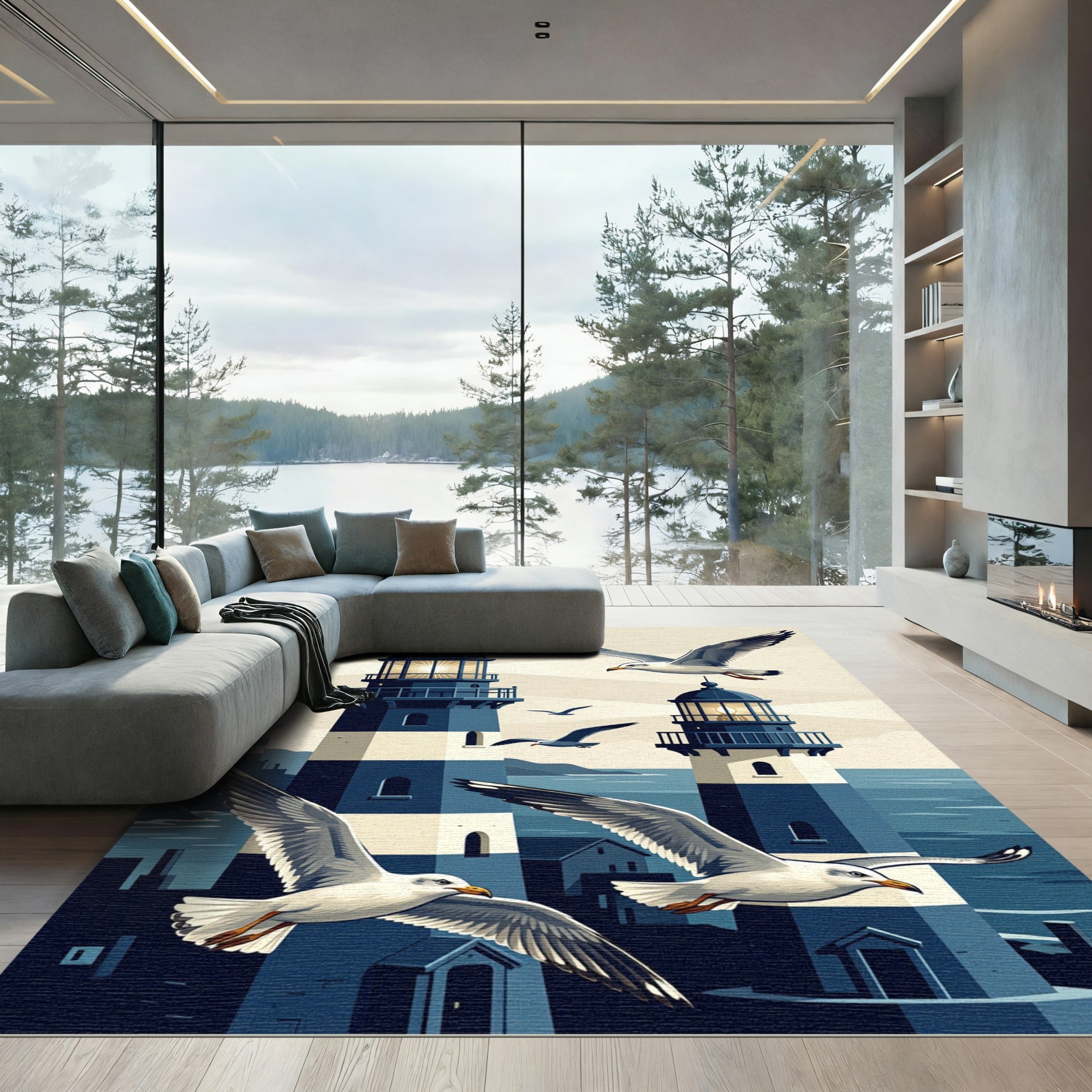 Coastal Navy Lighthouse Gulls Scene Rug