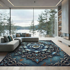 Ornate Blue Peony Filigree Round Medallion Rug