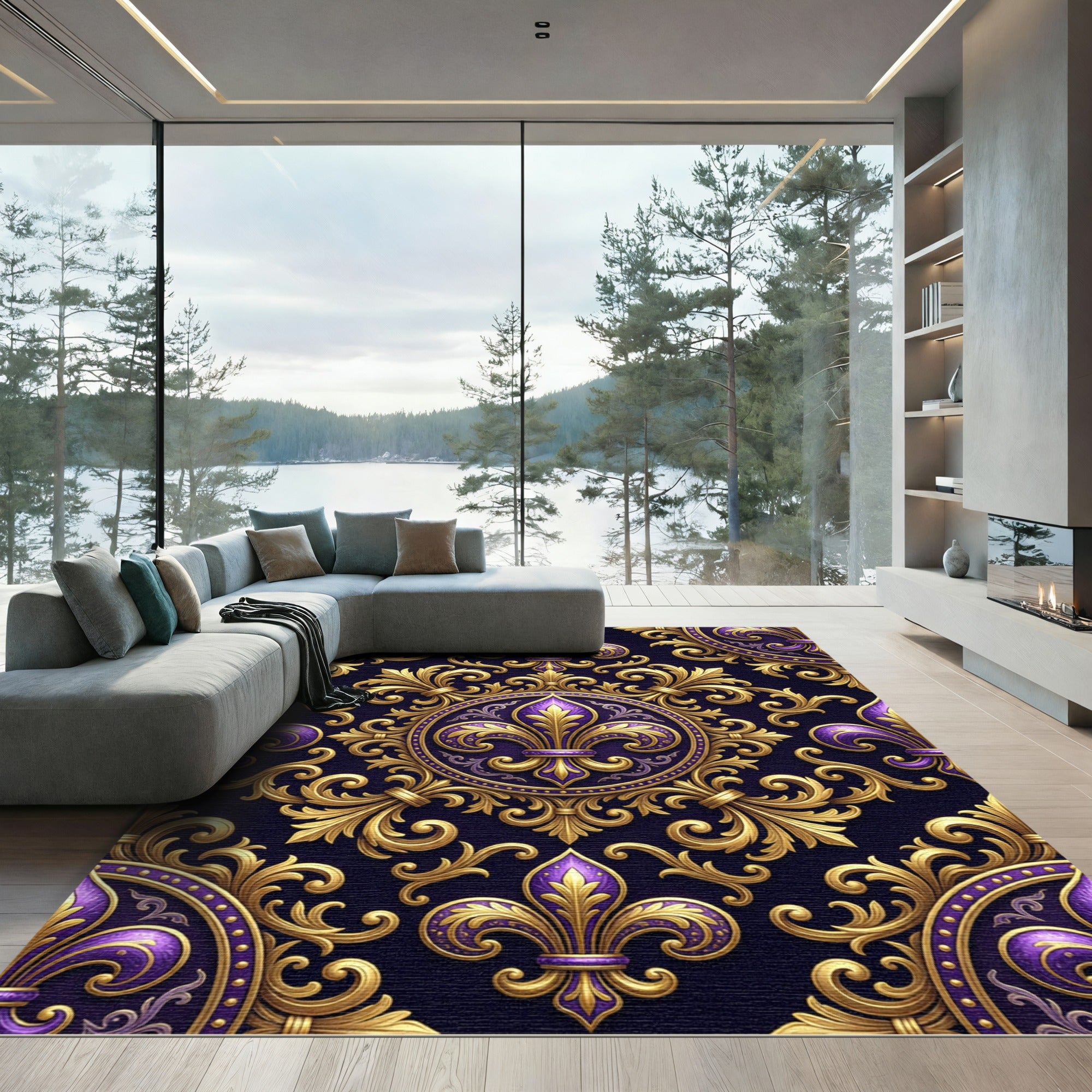 Royal Purple Fleur de Lis Gold Rug
